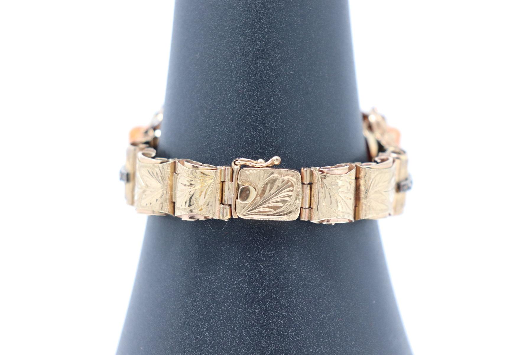 Coral Diamond Gold and Silver Bracelet, 1950s For Sale 7