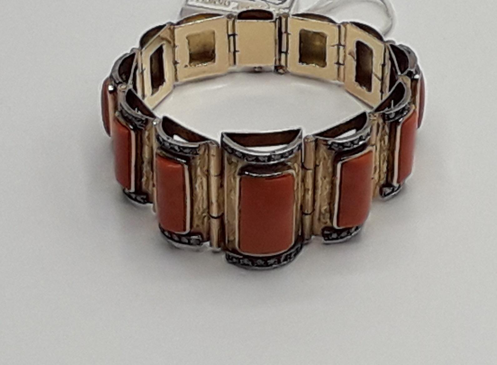 Retro Coral Diamond Gold and Silver Bracelet, 1950s For Sale