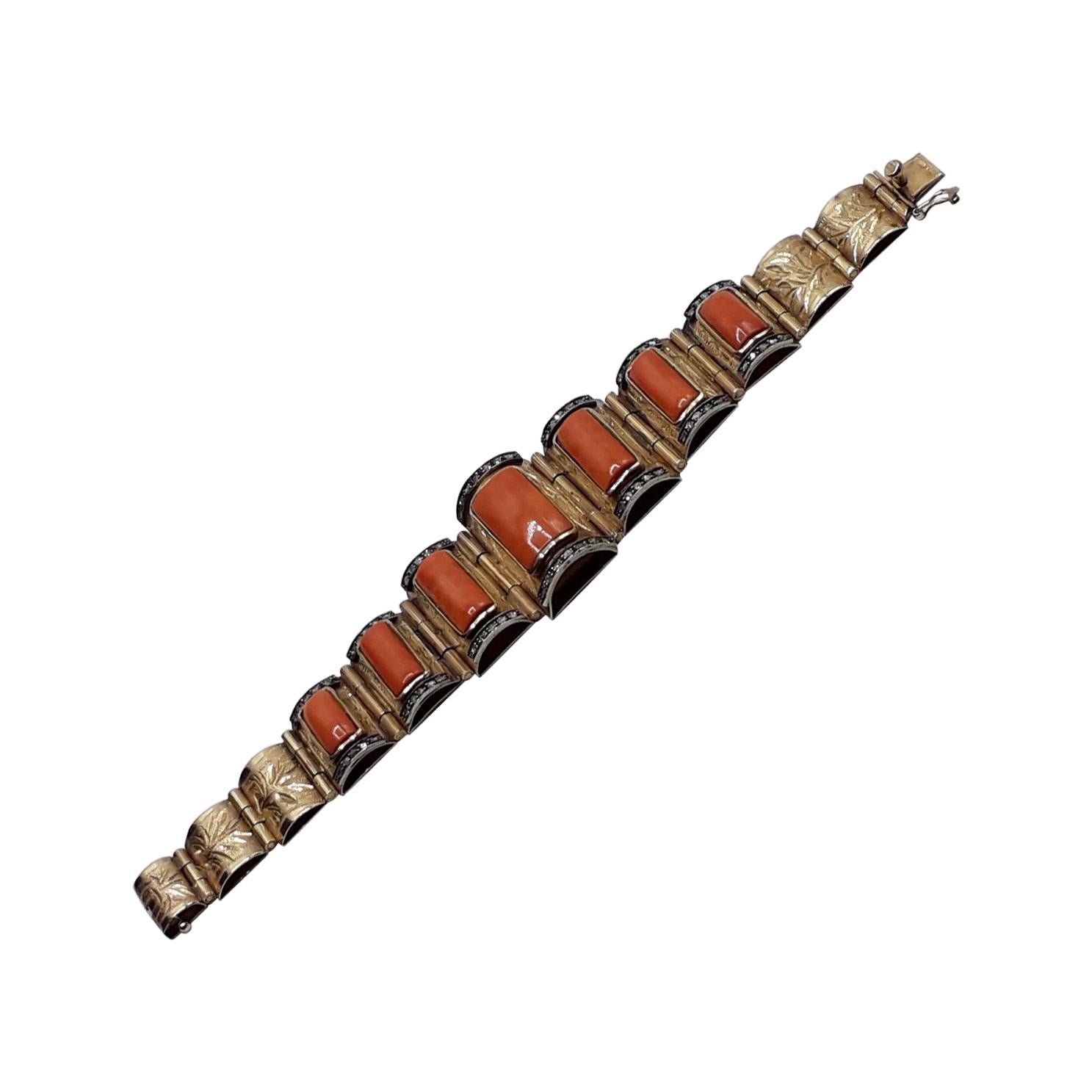 Coral Diamond Gold and Silver Bracelet, 1950s For Sale