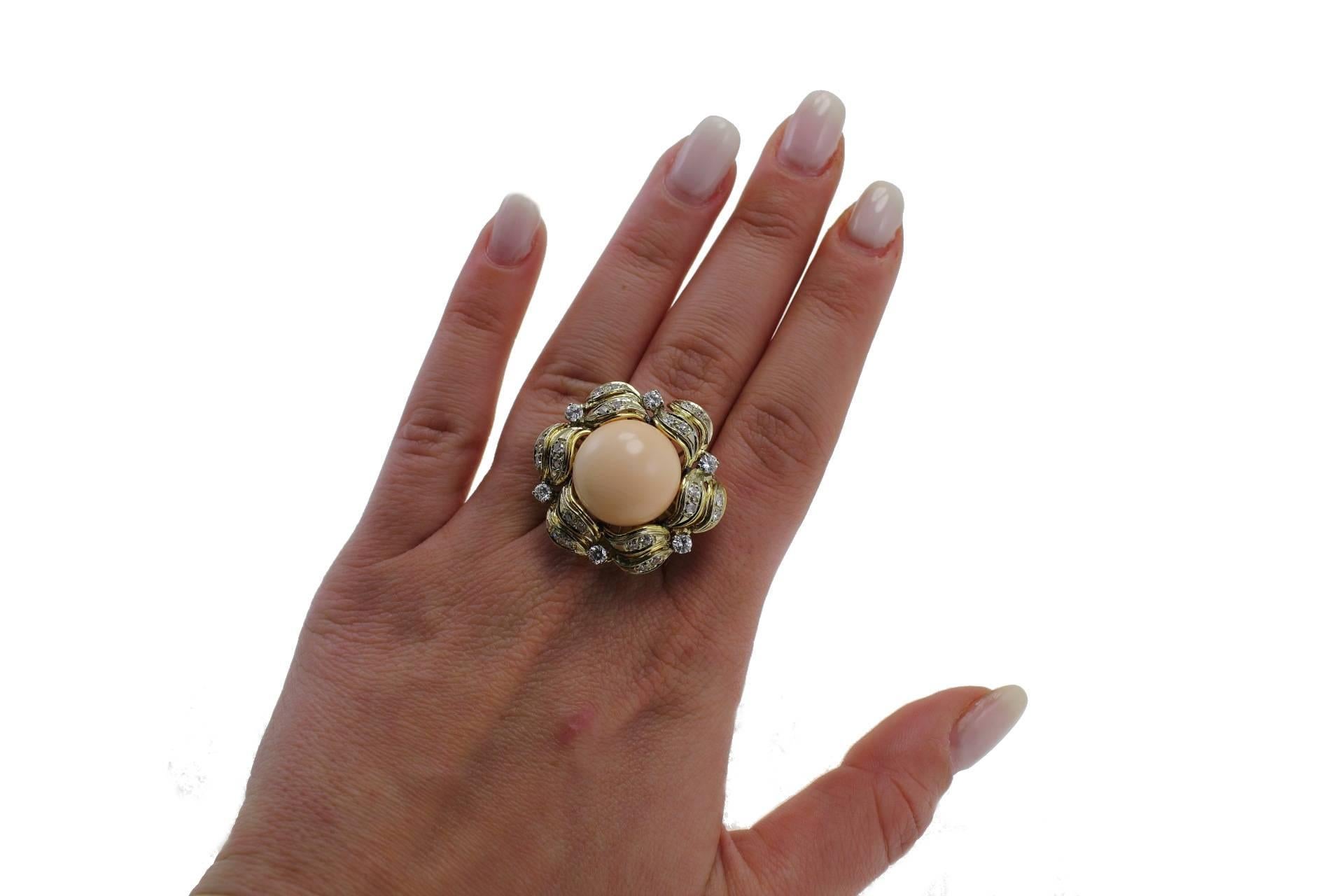 Round Cut Coral Diamond Gold Cluster Ring
