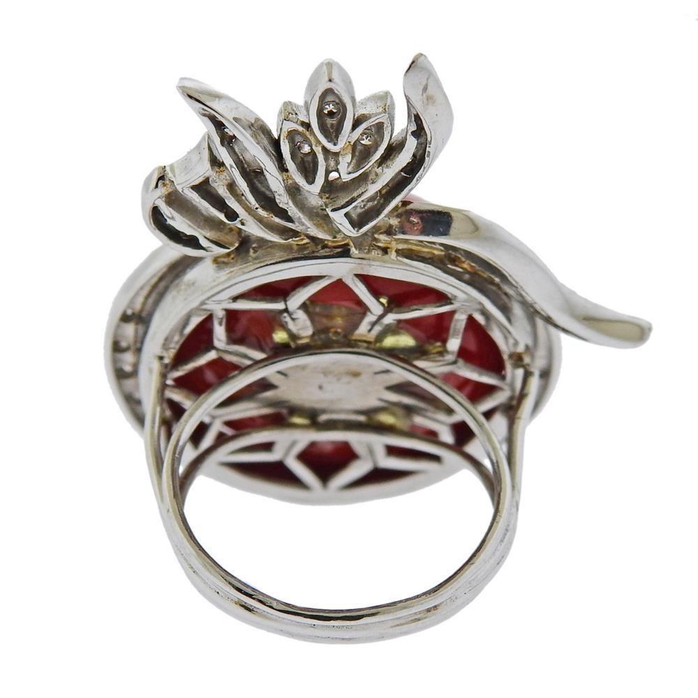 Coral Diamond Gold Cocktail Ring In Excellent Condition For Sale In New York, NY