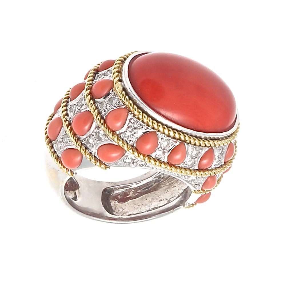 Retro Coral Diamond Gold Cocktail Ring