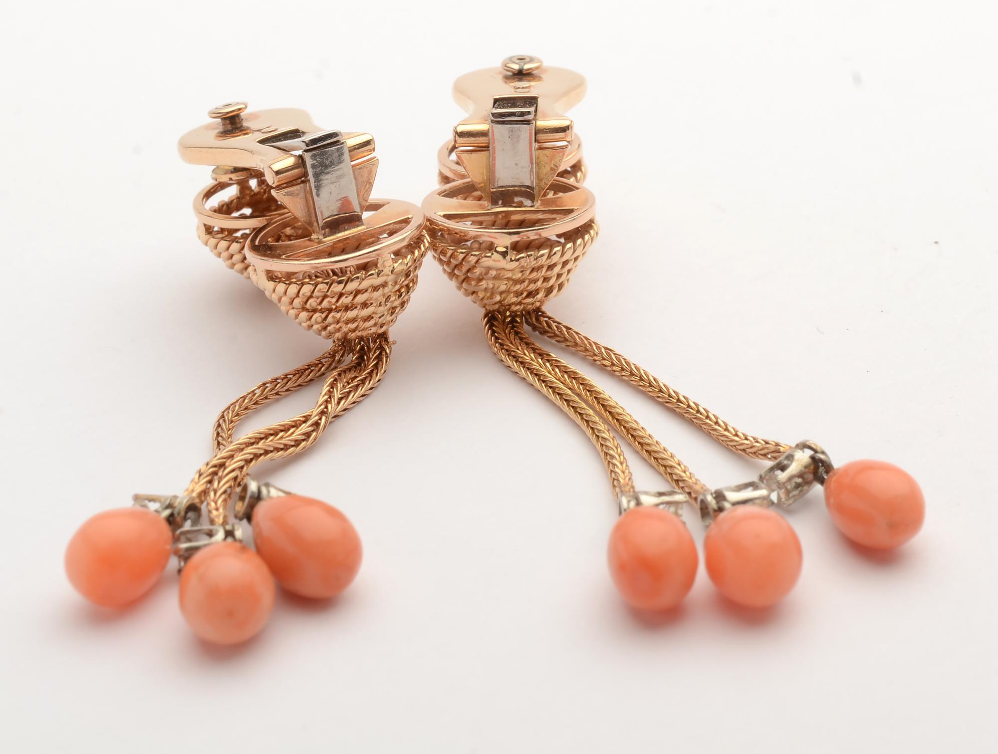 Brilliant Cut Coral Diamond Gold Dangle Earrings For Sale