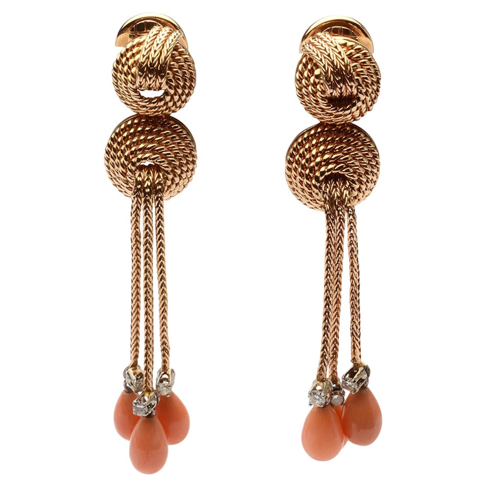 Boucles d'oreilles pendantes Corail Diamant Or