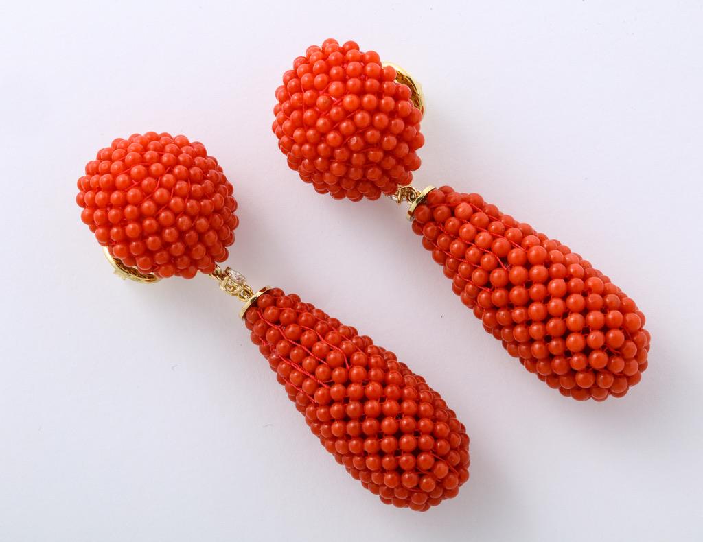 Coral Diamond Gold Drop Earrings For Sale 1
