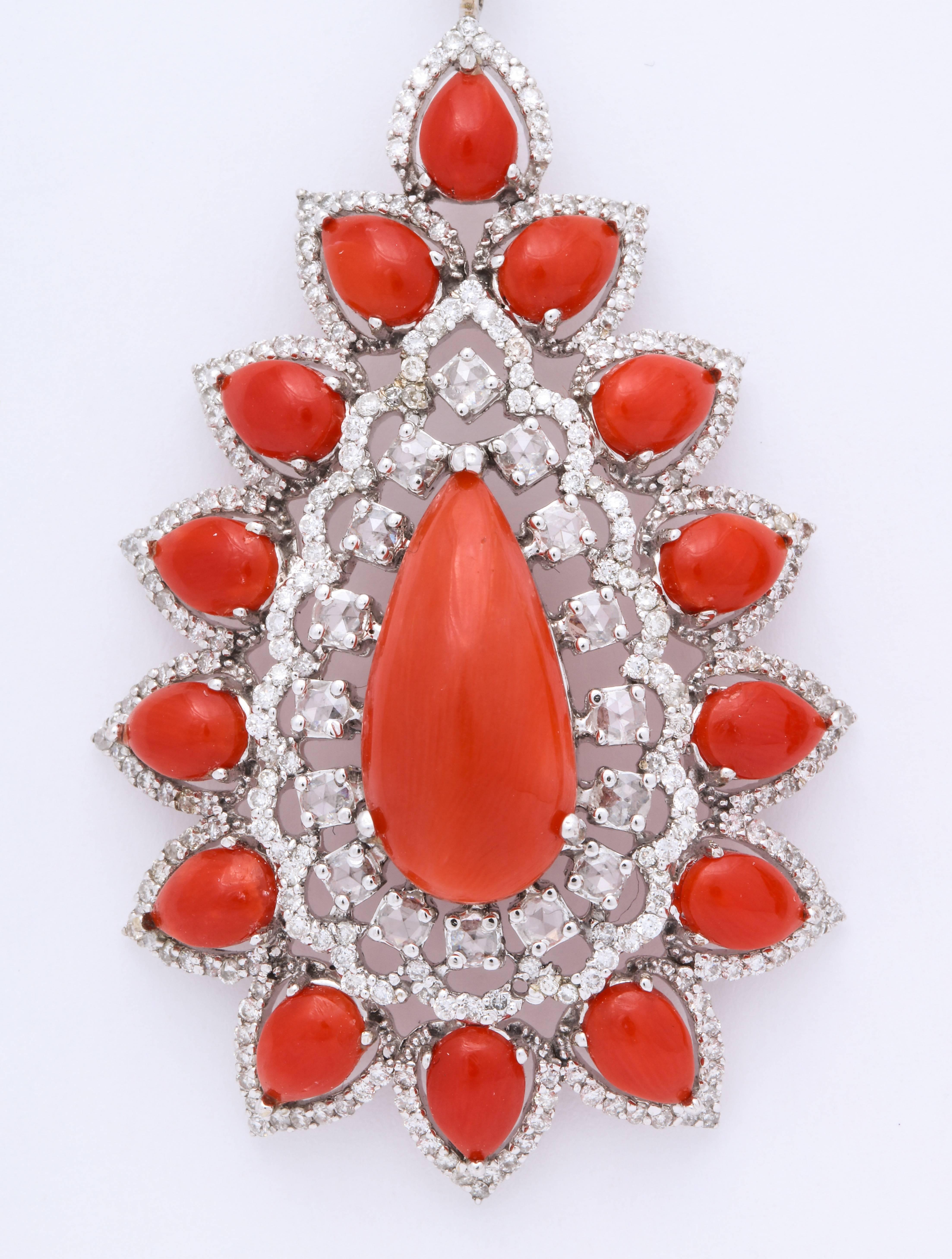 Coral Diamond Gold Drop Earrings In New Condition In Bal Harbour, FL