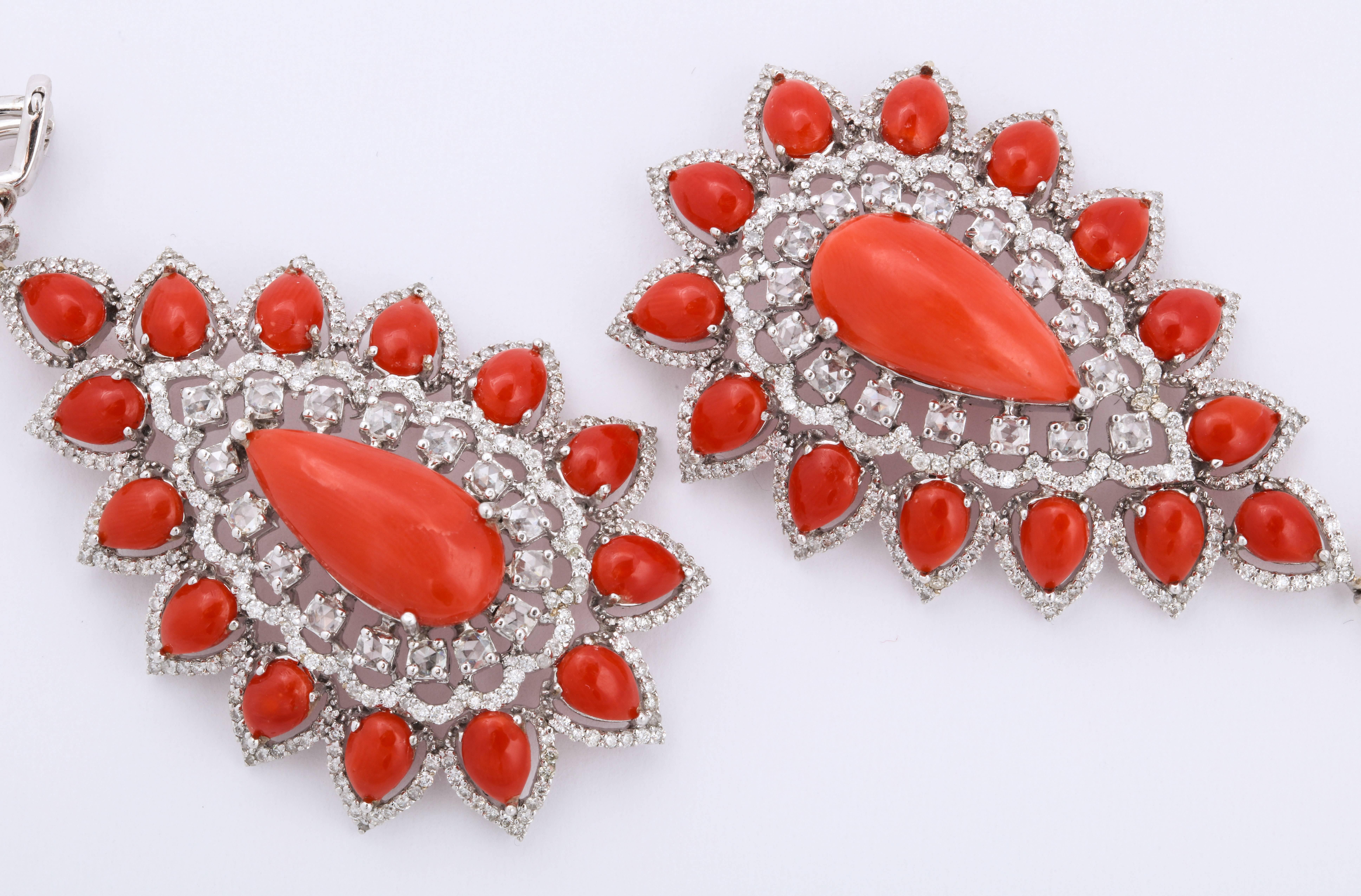 Women's or Men's Coral Diamond Gold Drop Earrings