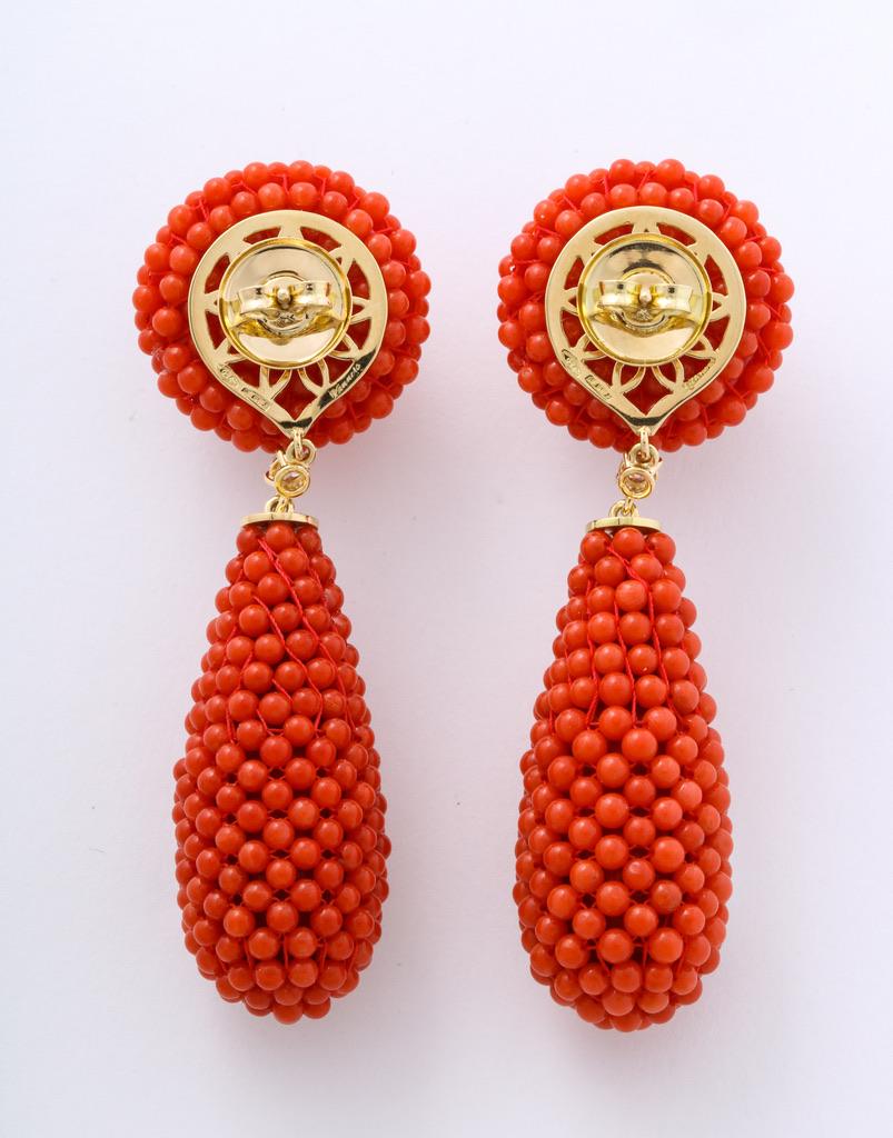 Coral Diamond Gold Drop Earrings For Sale 2