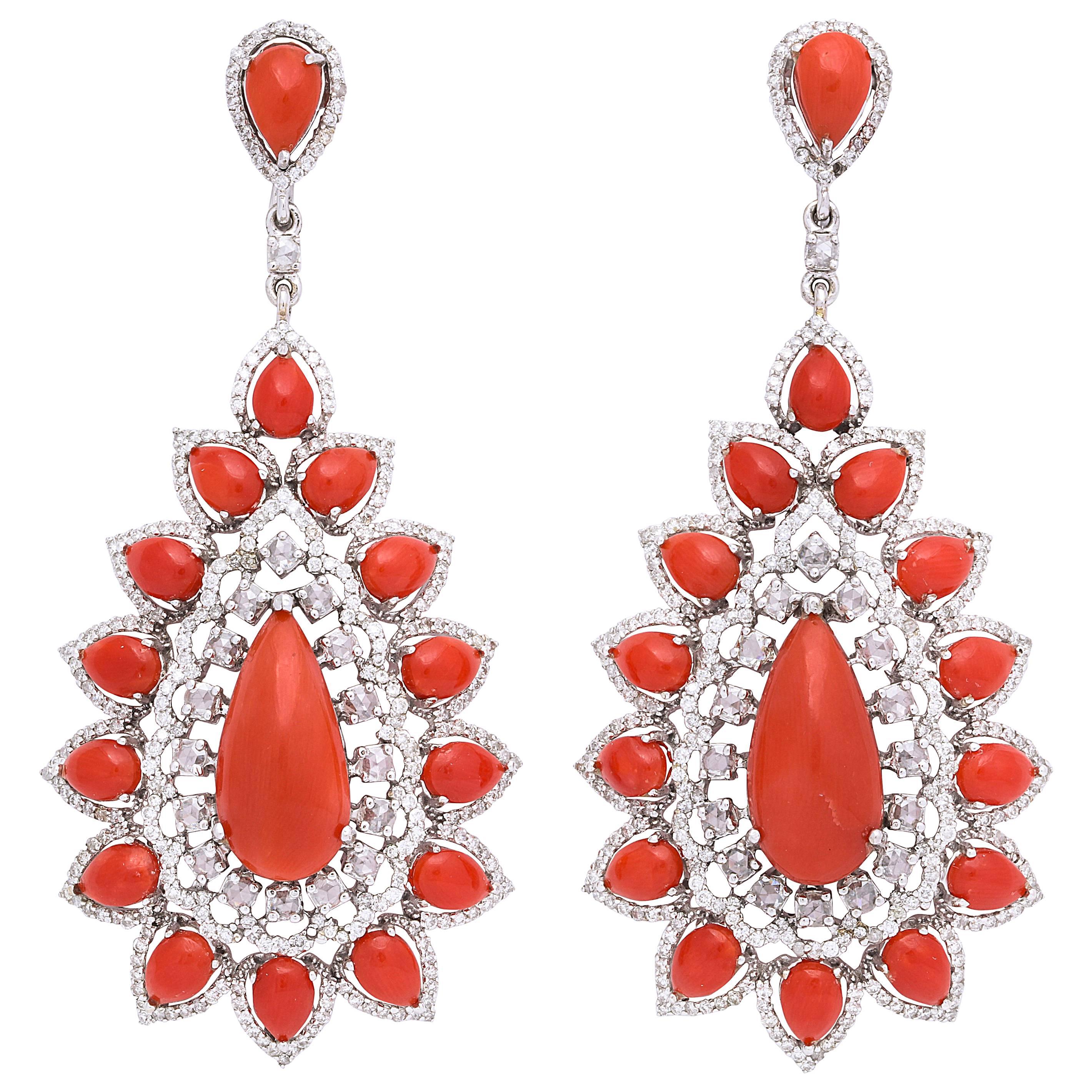 Coral Diamond Gold Drop Earrings