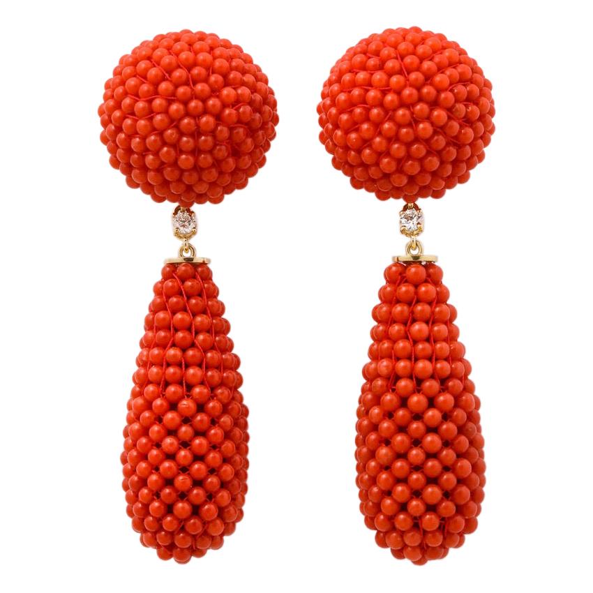 Coral Diamond Gold Drop Earrings For Sale