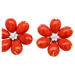 Coral Diamond Gold Flower Earrings