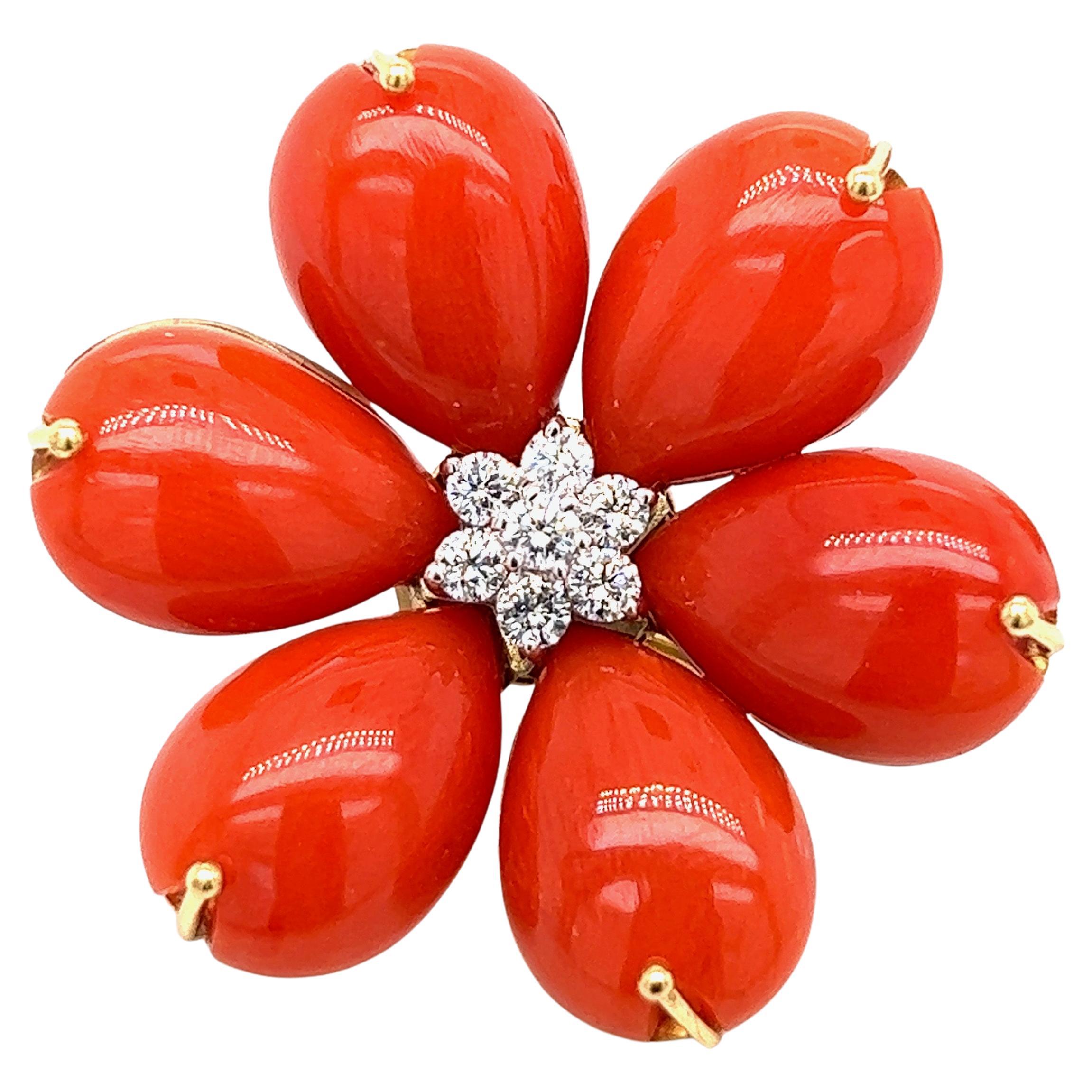 Koralle Diamant-Gold-Blumen-Ohrringe (Zeitgenössisch) im Angebot