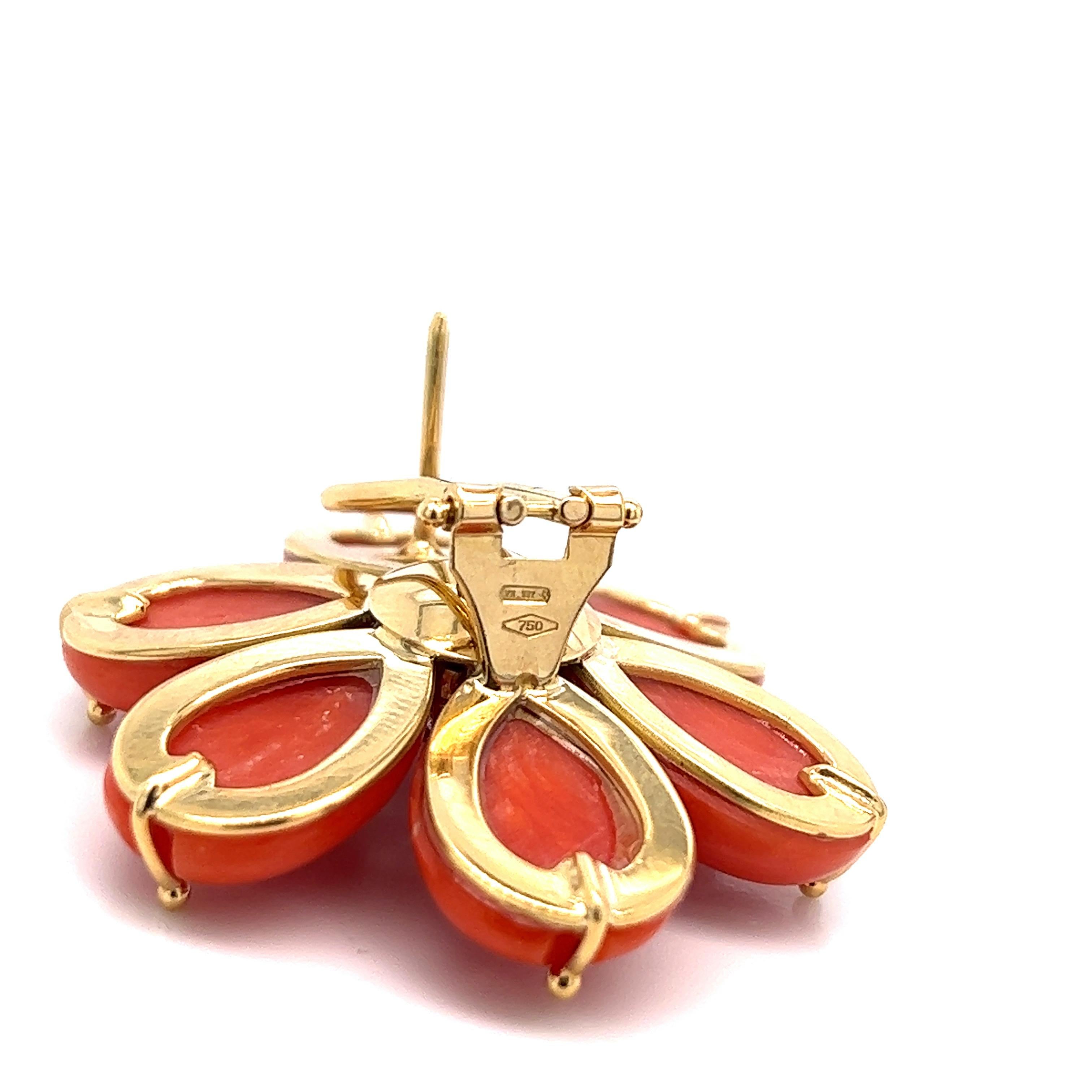 Women's Coral Diamond Gold Flower Earrings For Sale