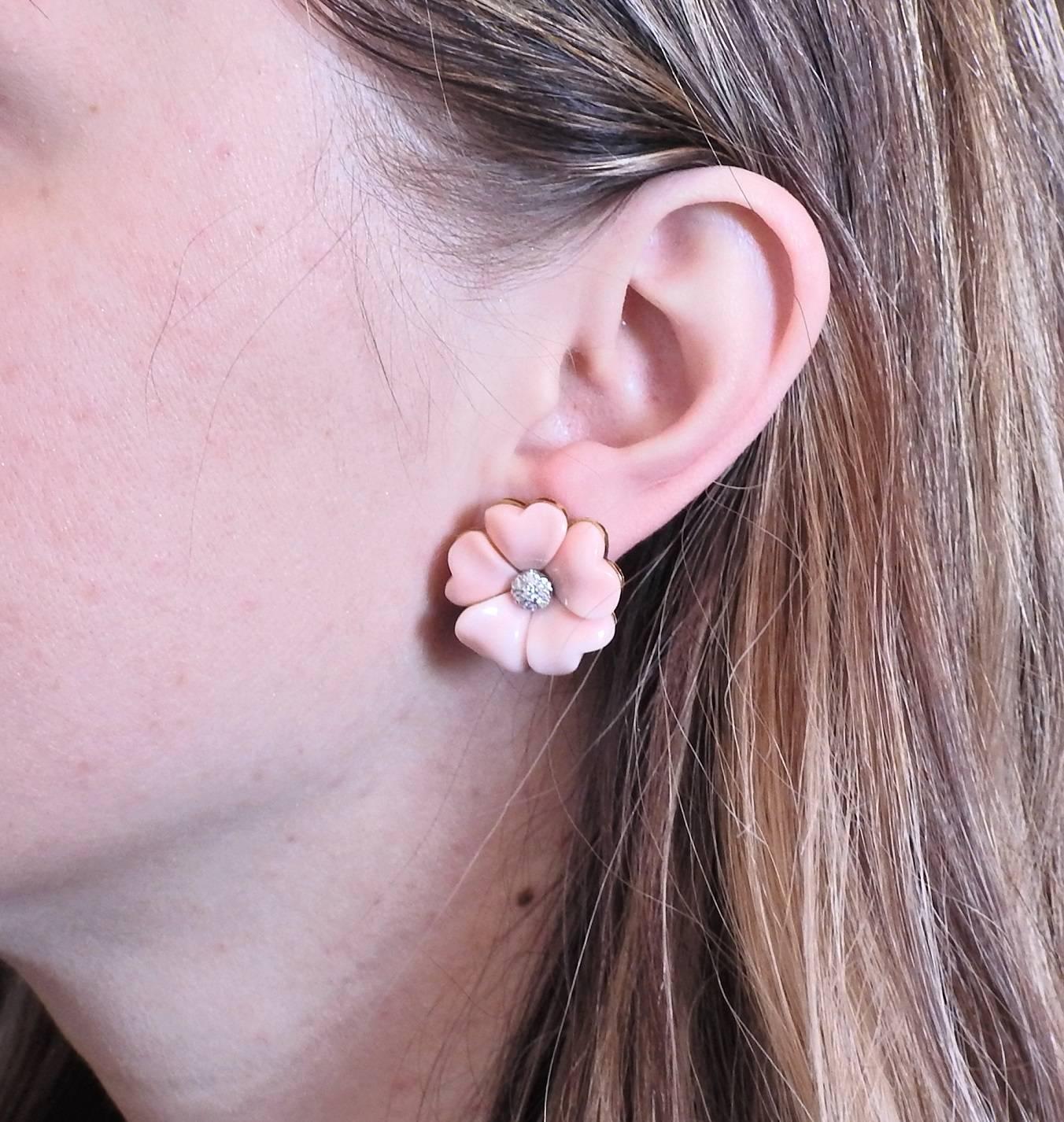 Women's Coral Diamond Gold Flower Earrings