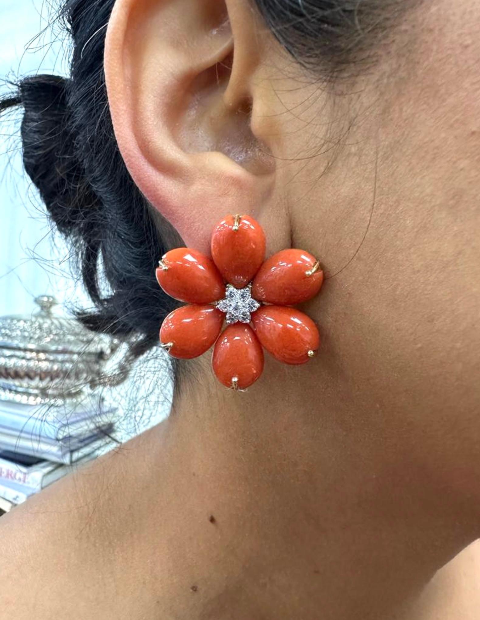 Coral Diamond Gold Flower Earrings For Sale 1