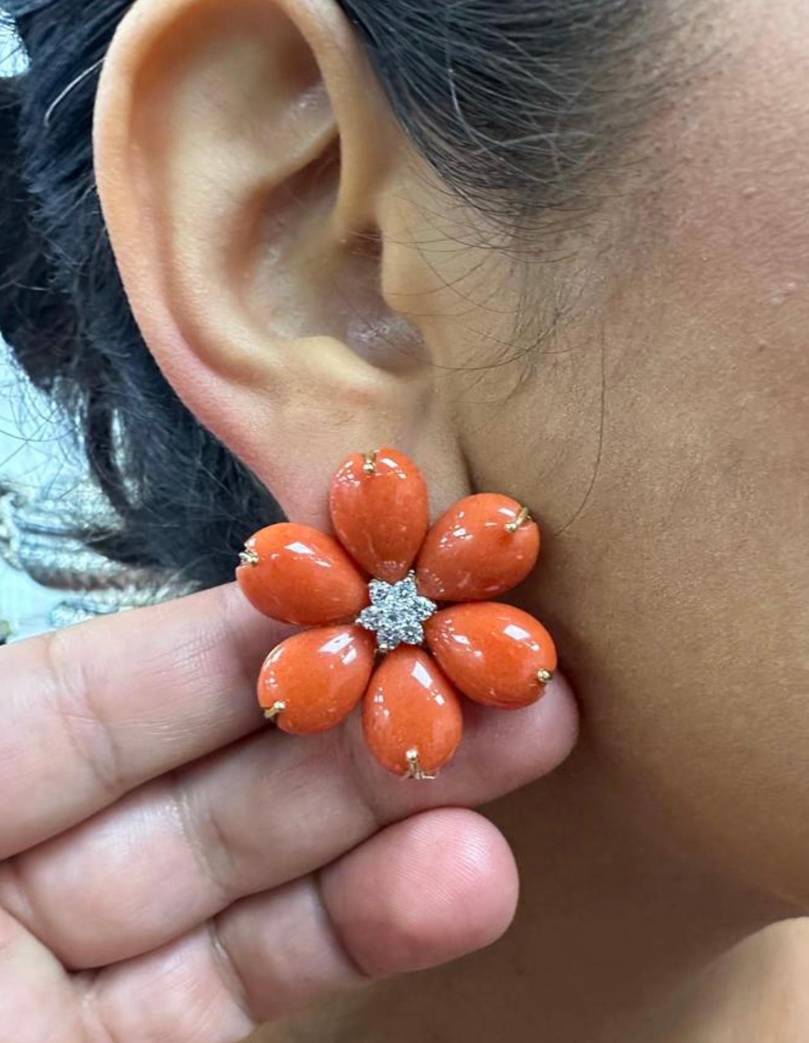 Coral Diamond Gold Flower Earrings For Sale 2
