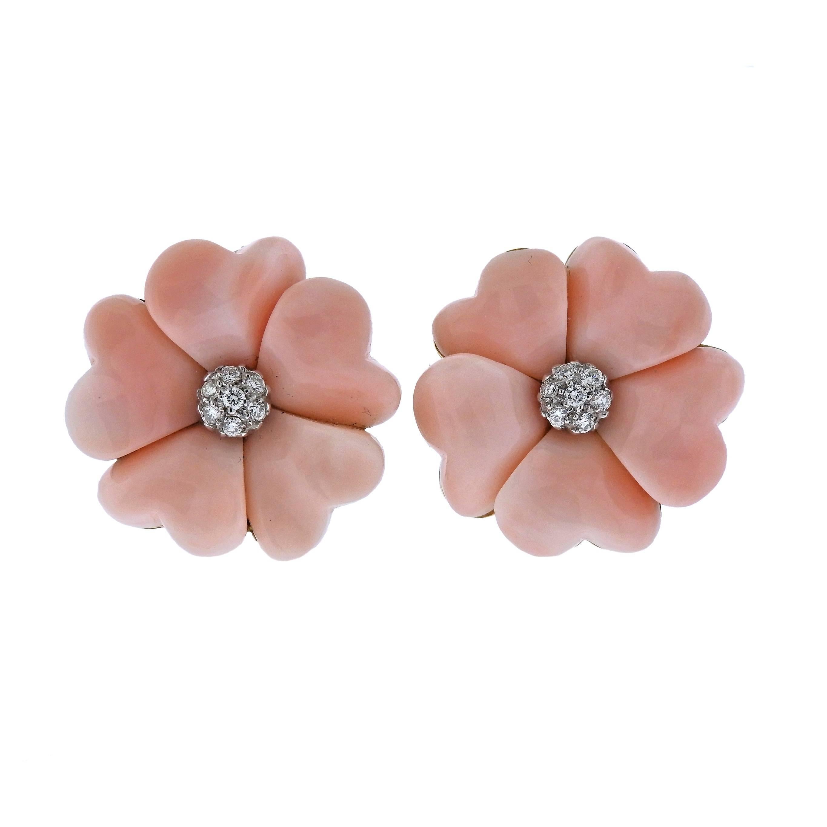 Coral Diamond Gold Flower Earrings