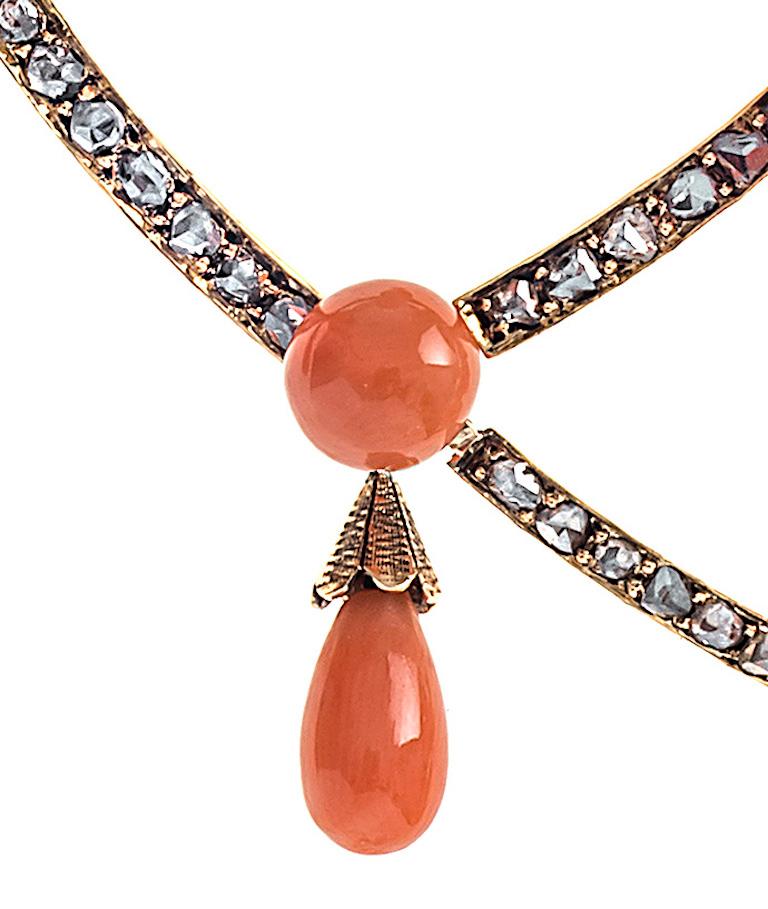 Antique Coral Diamond Gold Necklace France 1870 In Excellent Condition In Munich, Bavaria