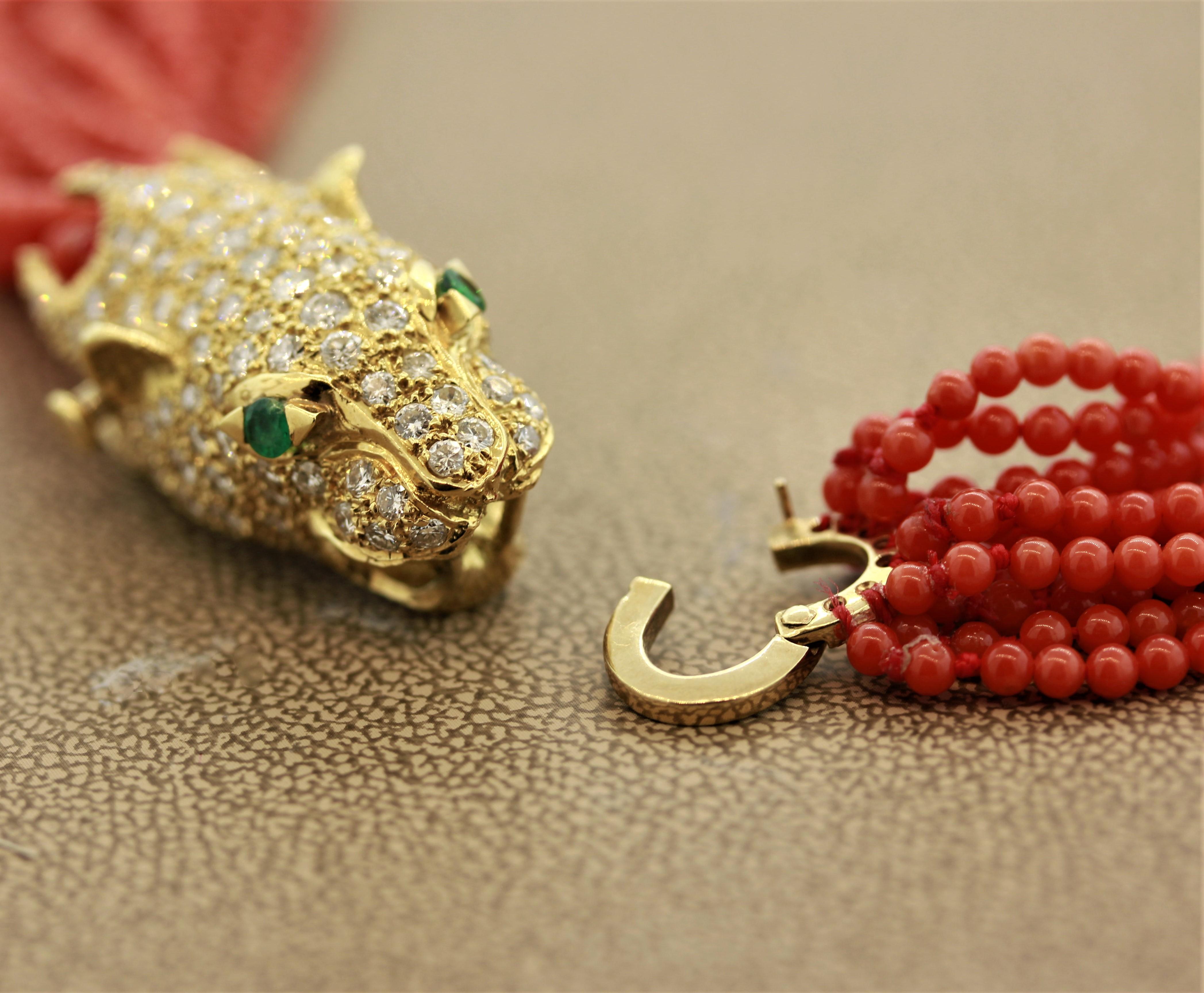 Coral Diamond Gold Panther Clasp Necklace 1