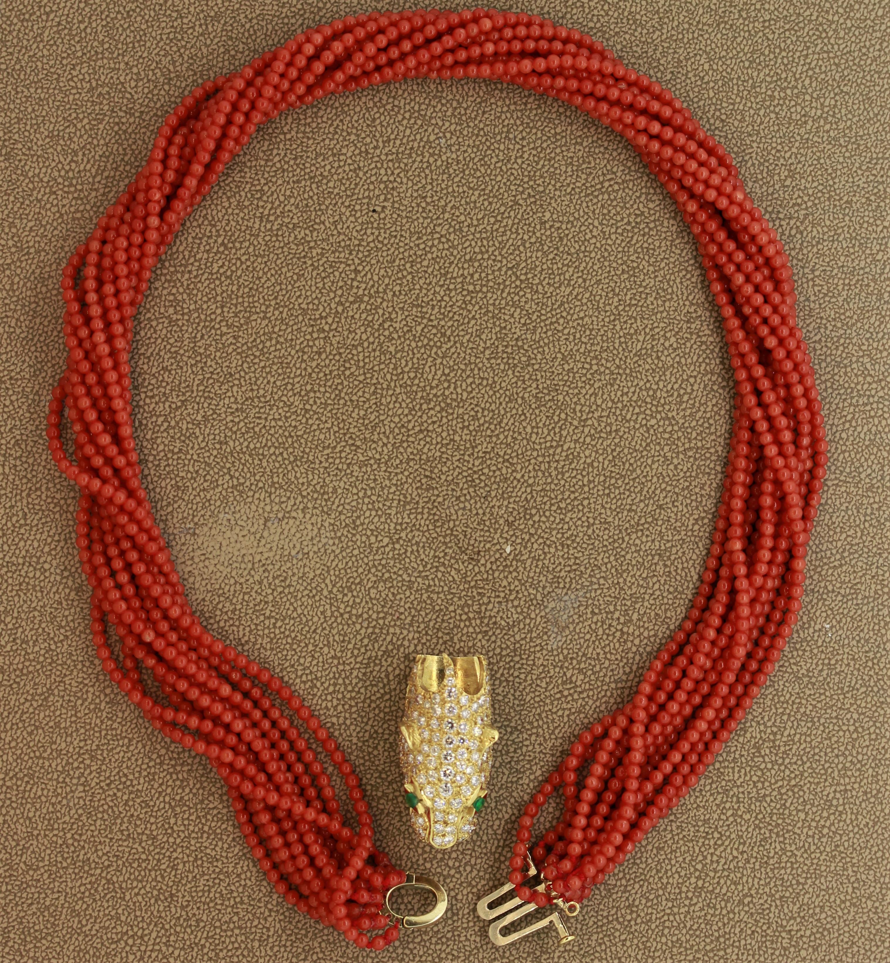 Coral Diamond Gold Panther Clasp Necklace 2