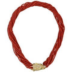 Coral Diamond Gold Panther Clasp Necklace