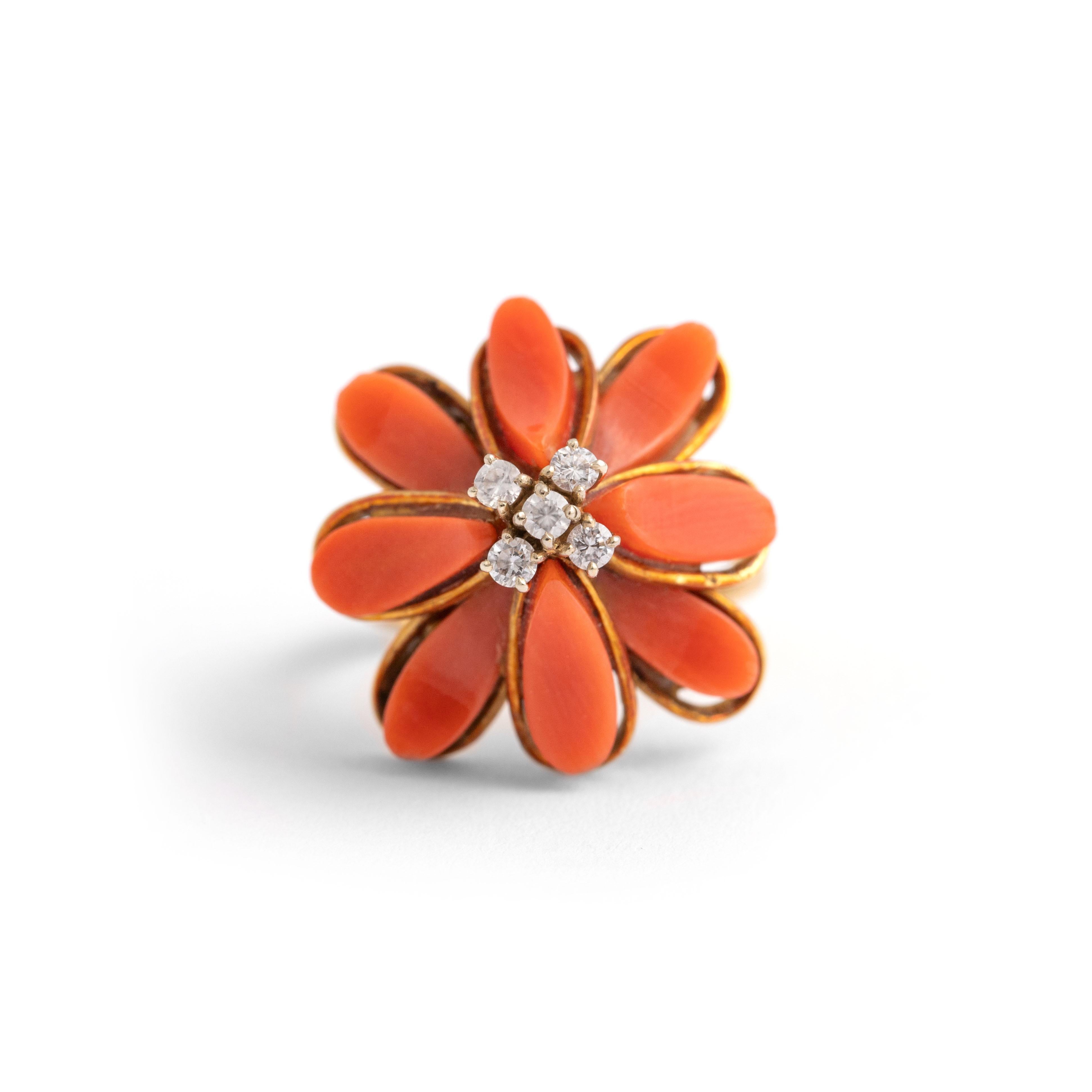 Coral (corallium rubrum) Diamond Gold Ring.
Circa 1950.

This Coral (Corallium Rubrum) Diamond Gold Ring, circa 1950, features a vibrant red Mediterranean coral complemented by sparkling diamonds. Set in rich yellow gold, the ring blends natural