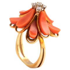 Coral Diamond Gold Ring 1950S