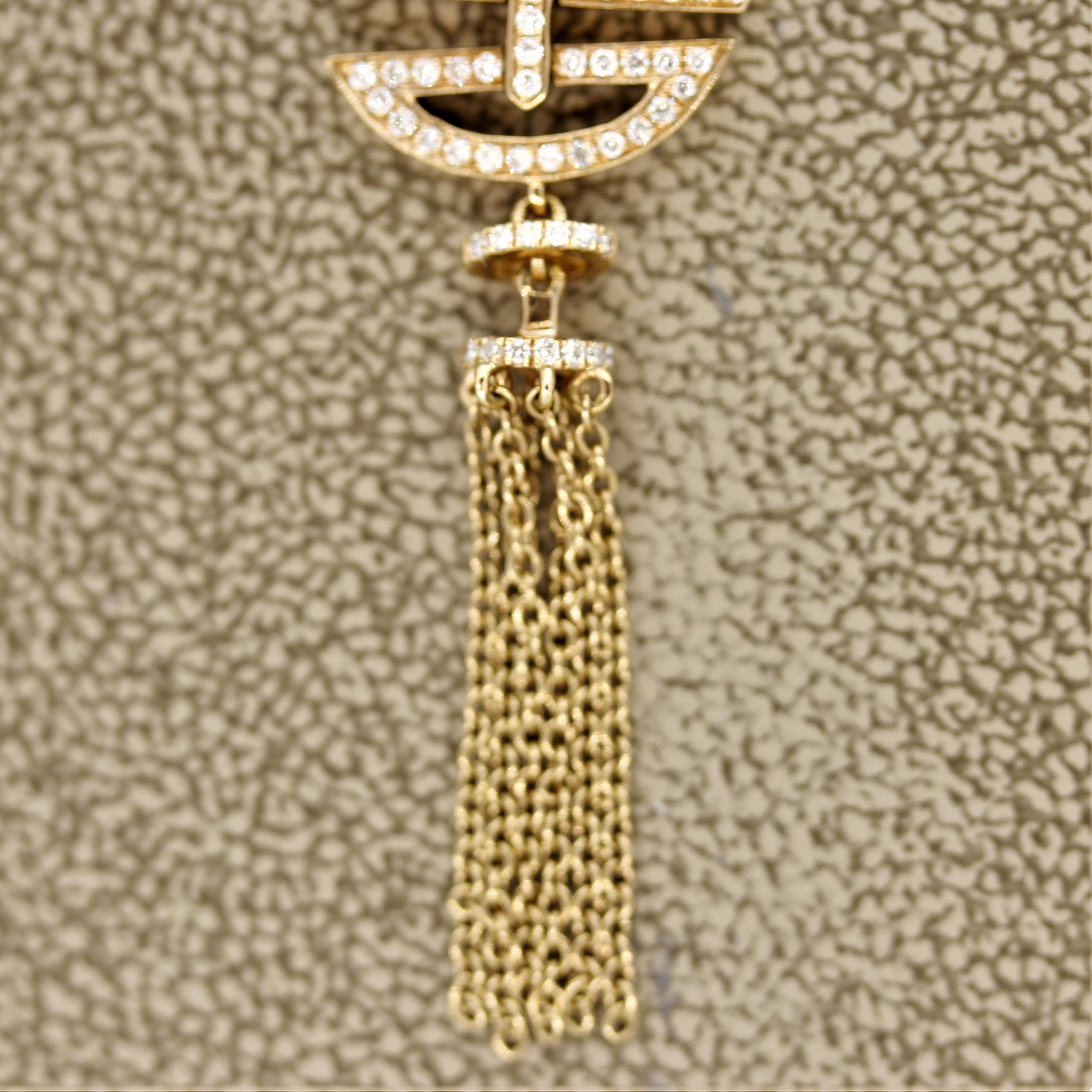 Coral Diamond Gold Tassel Pendant In New Condition In Beverly Hills, CA