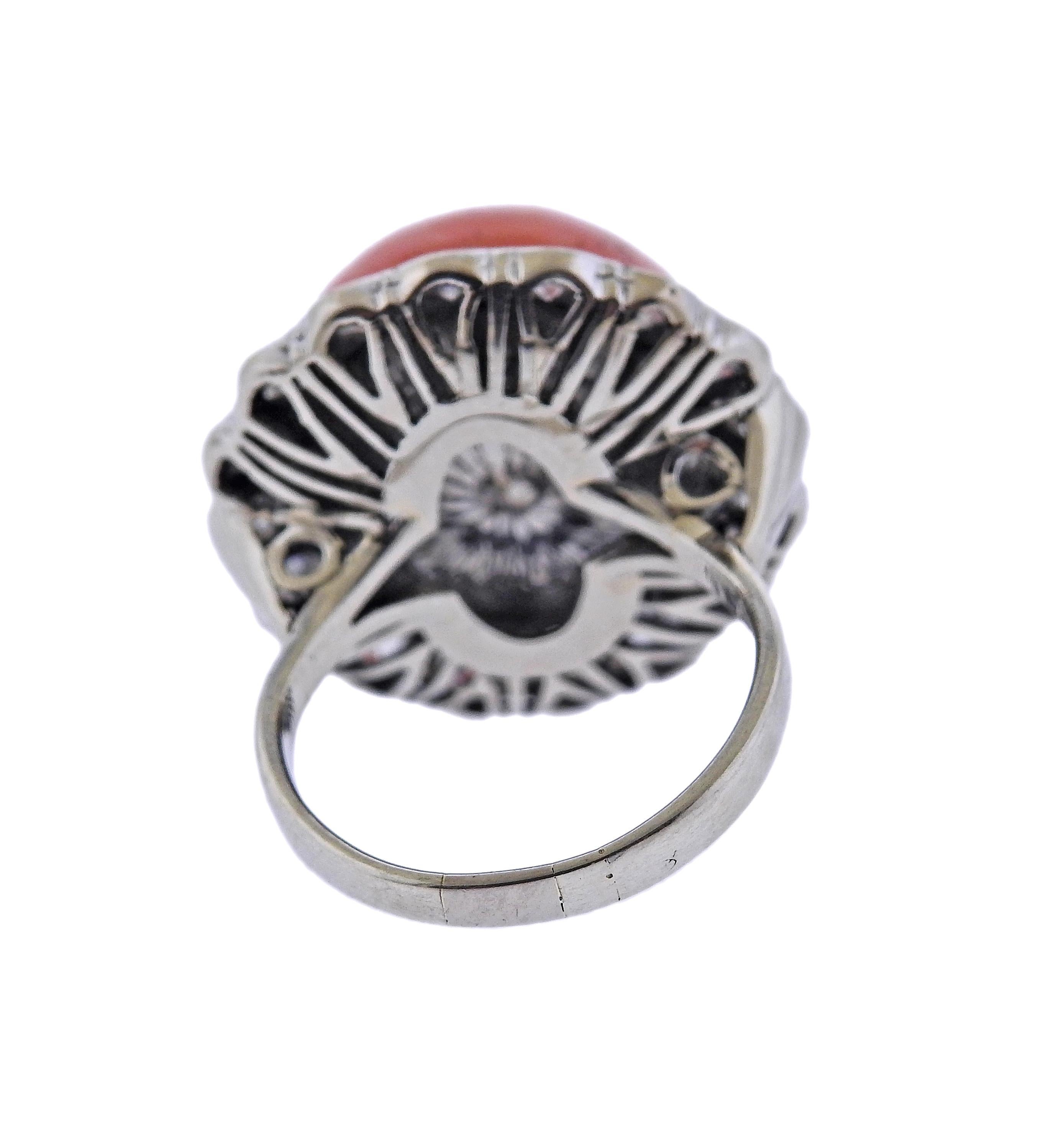 Round Cut Coral Diamond Gold Vintage Cocktail Ring For Sale