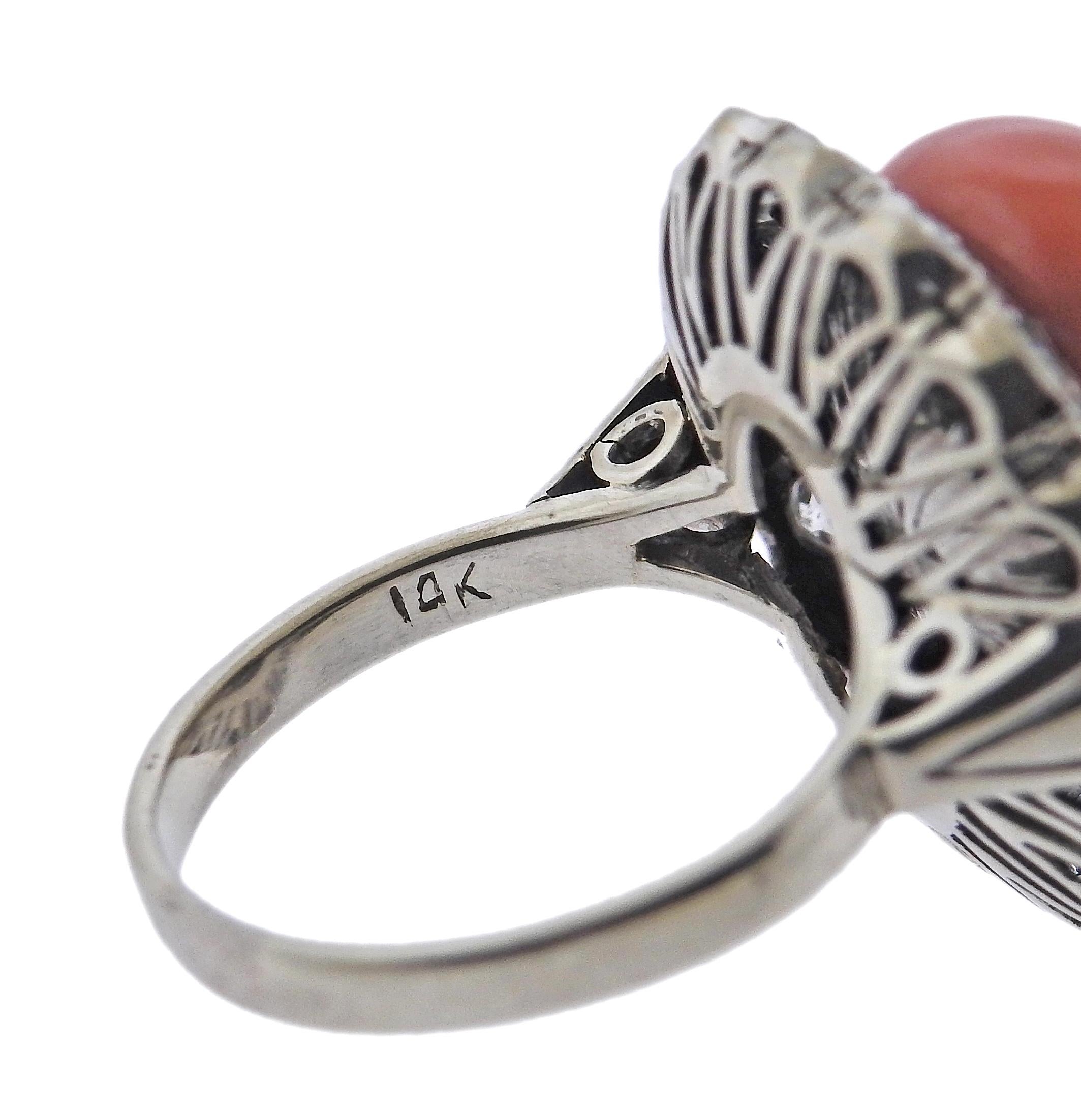 Coral Diamond Gold Vintage Cocktail Ring In Excellent Condition For Sale In New York, NY