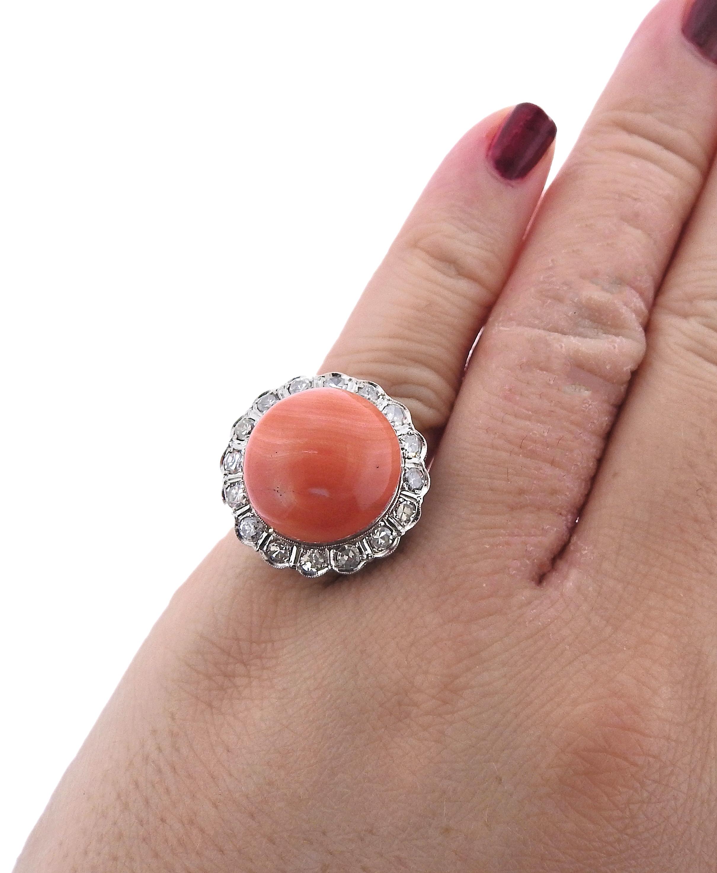 Women's Coral Diamond Gold Vintage Cocktail Ring For Sale