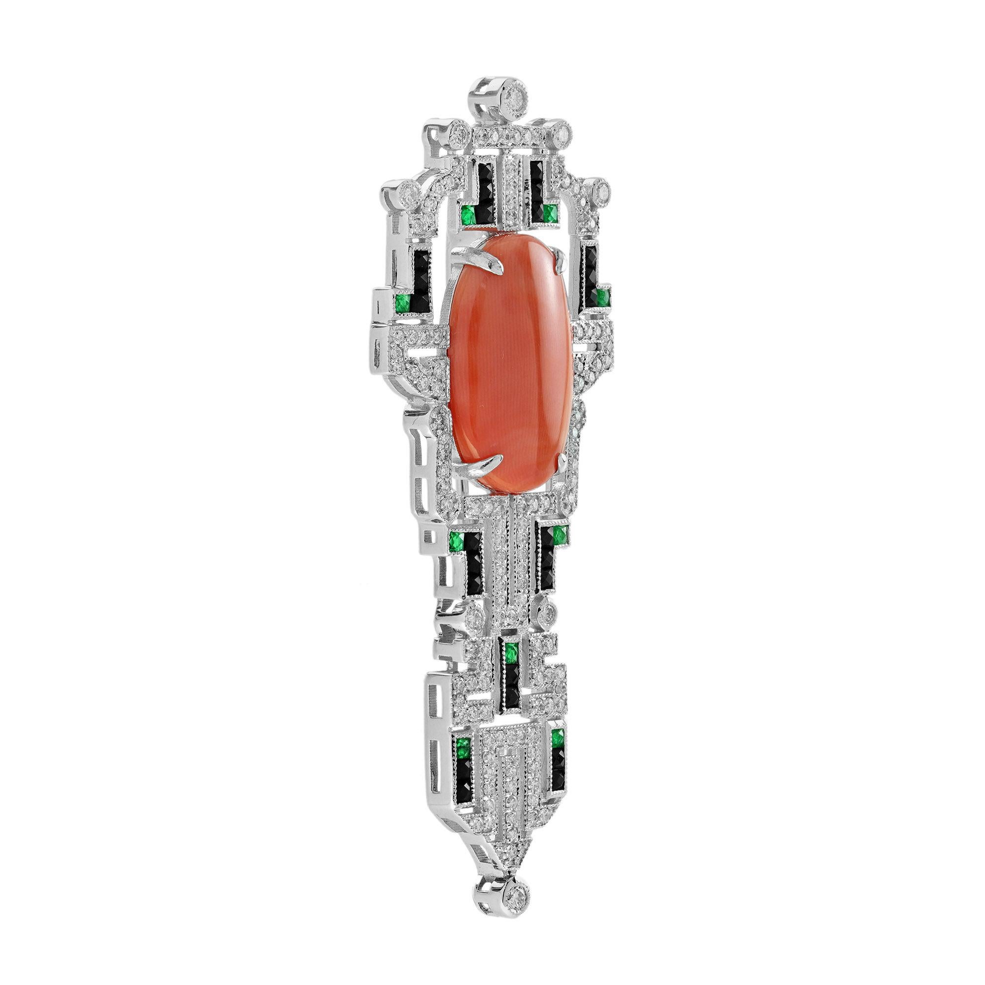Oval Cut Coral Diamond Onyx Art Deco Style Brooch in 14K White Gold