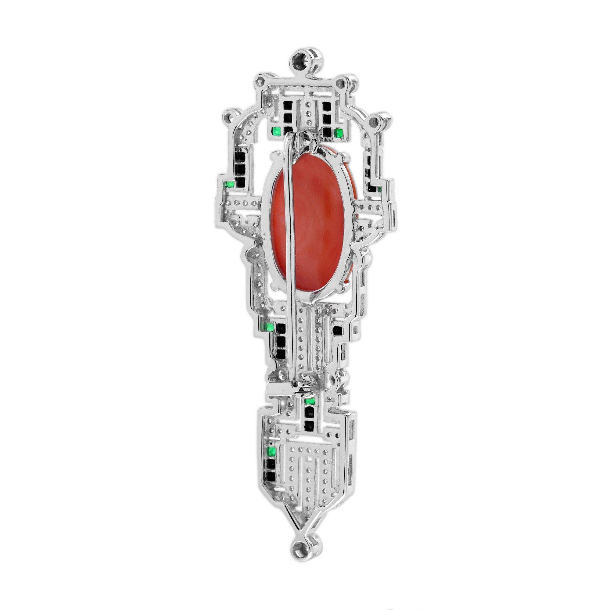Coral Diamond Onyx Art Deco Style Brooch in 14K White Gold In New Condition In Bangkok, TH
