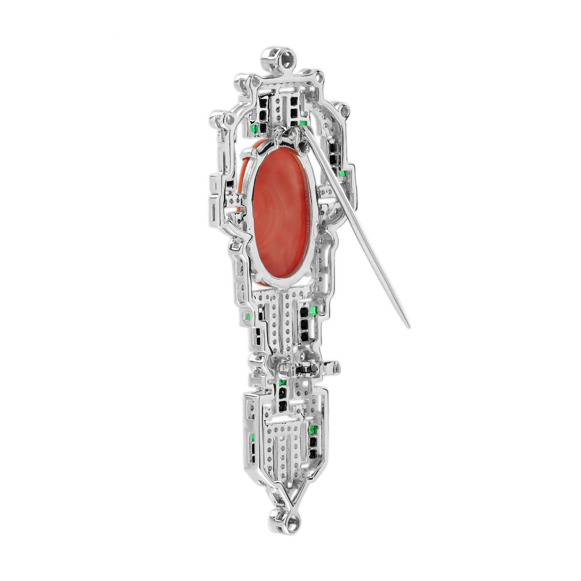 Women's Coral Diamond Onyx Art Deco Style Brooch in 14K White Gold