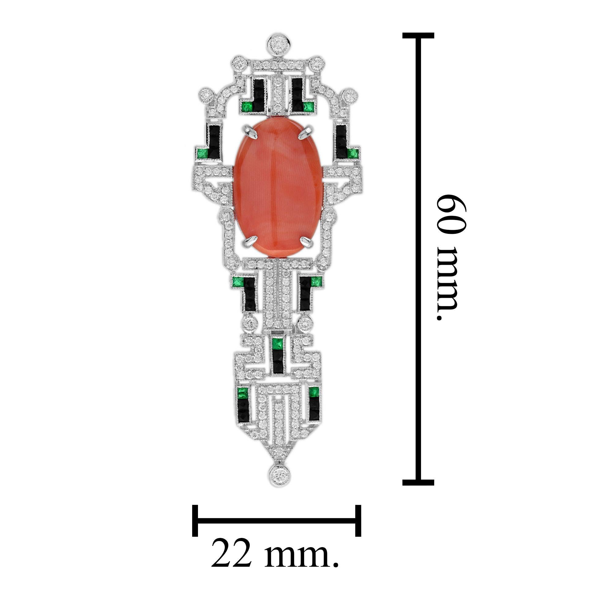 Coral Diamond Onyx Art Deco Style Brooch in 14K White Gold 1