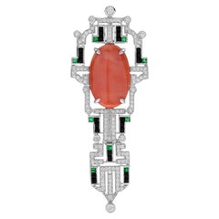 Coral Diamond Onyx Art Deco Style Brooch in 14K White Gold