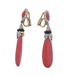 Coral Diamond Onyx Gold Drop Earrings