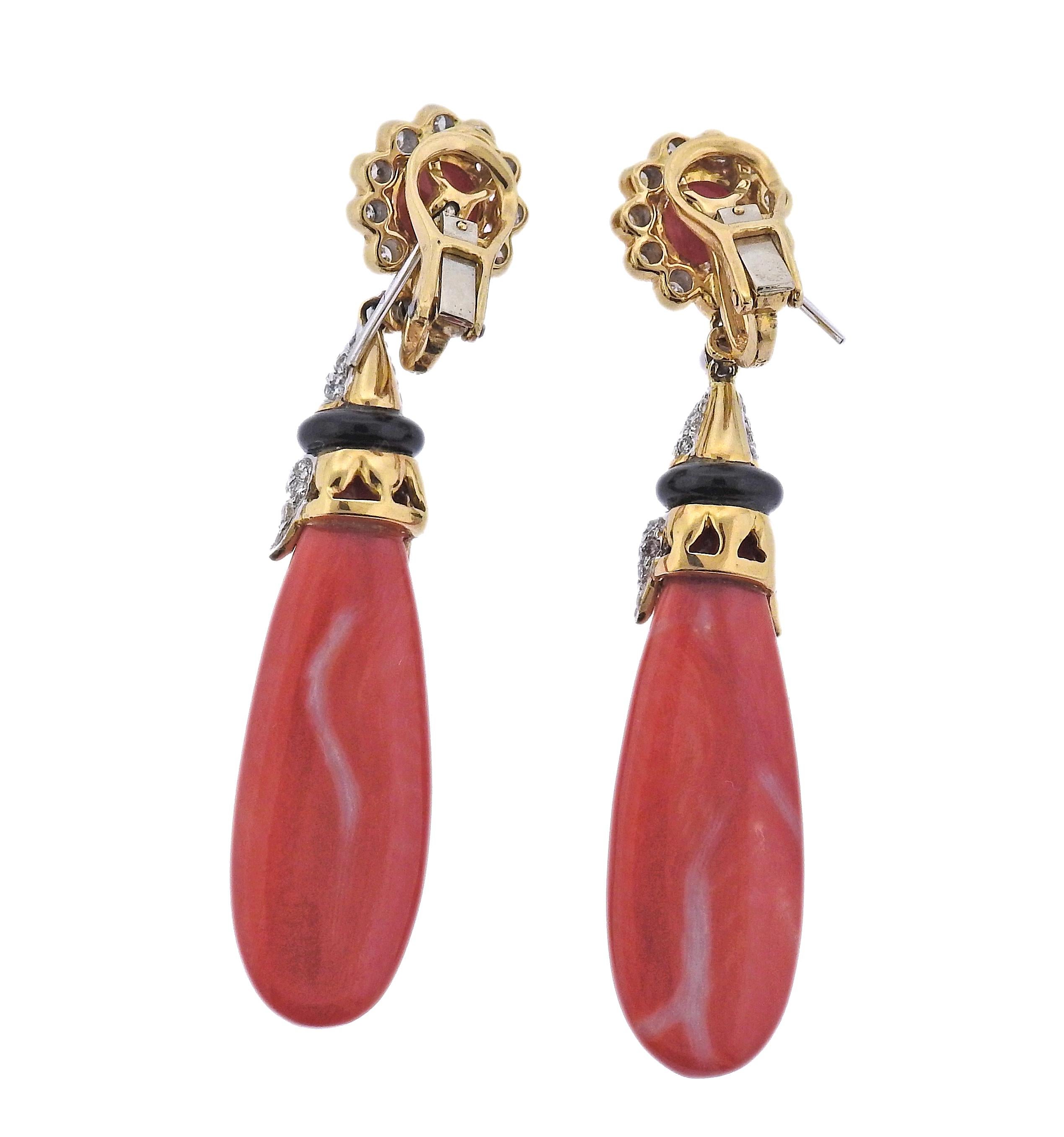 Round Cut Coral Diamond Onyx Gold Drop Earrings For Sale