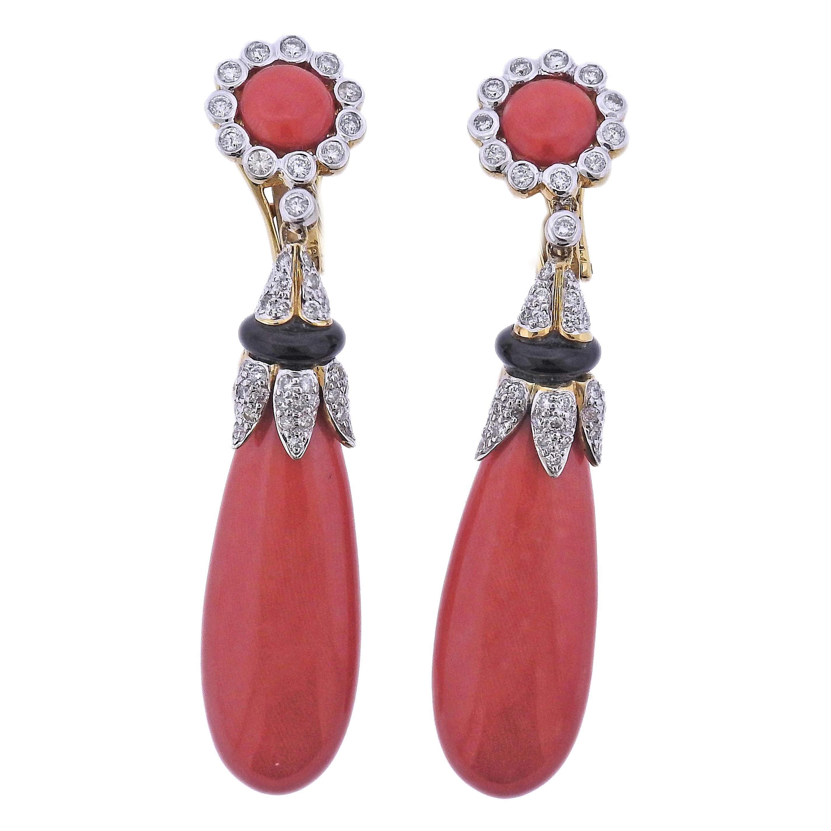 Coral Diamond Onyx Gold Drop Earrings For Sale