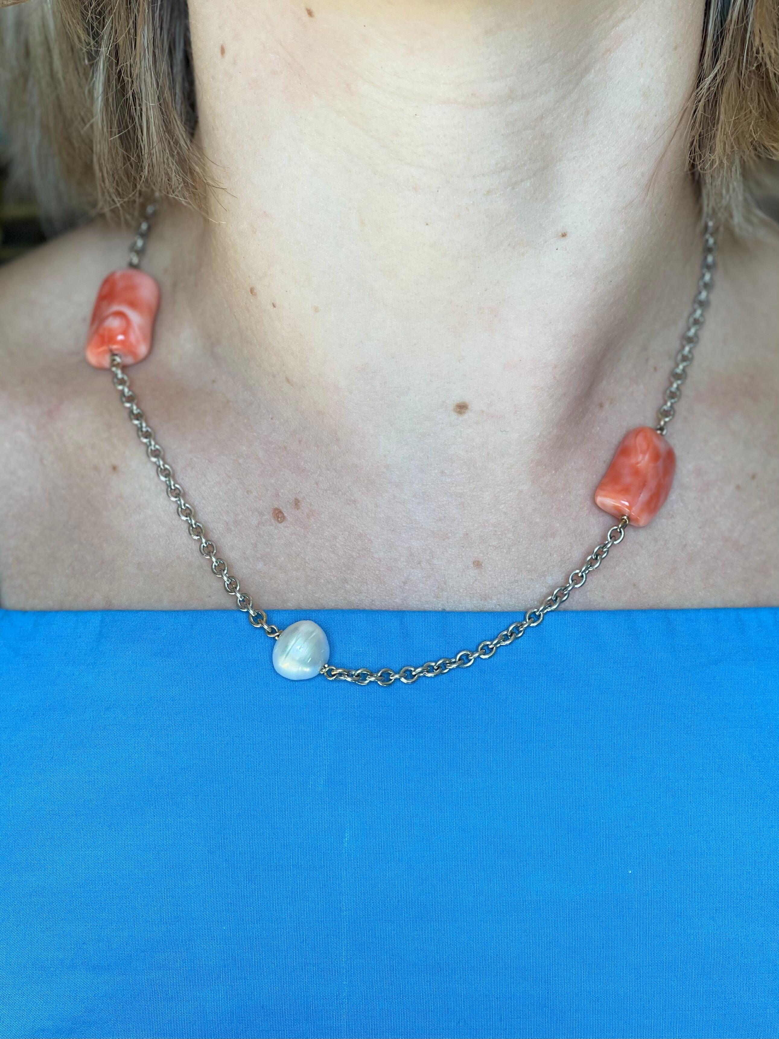 Coral Diamond Pearl Gold Long Station Necklace Set For Sale 5