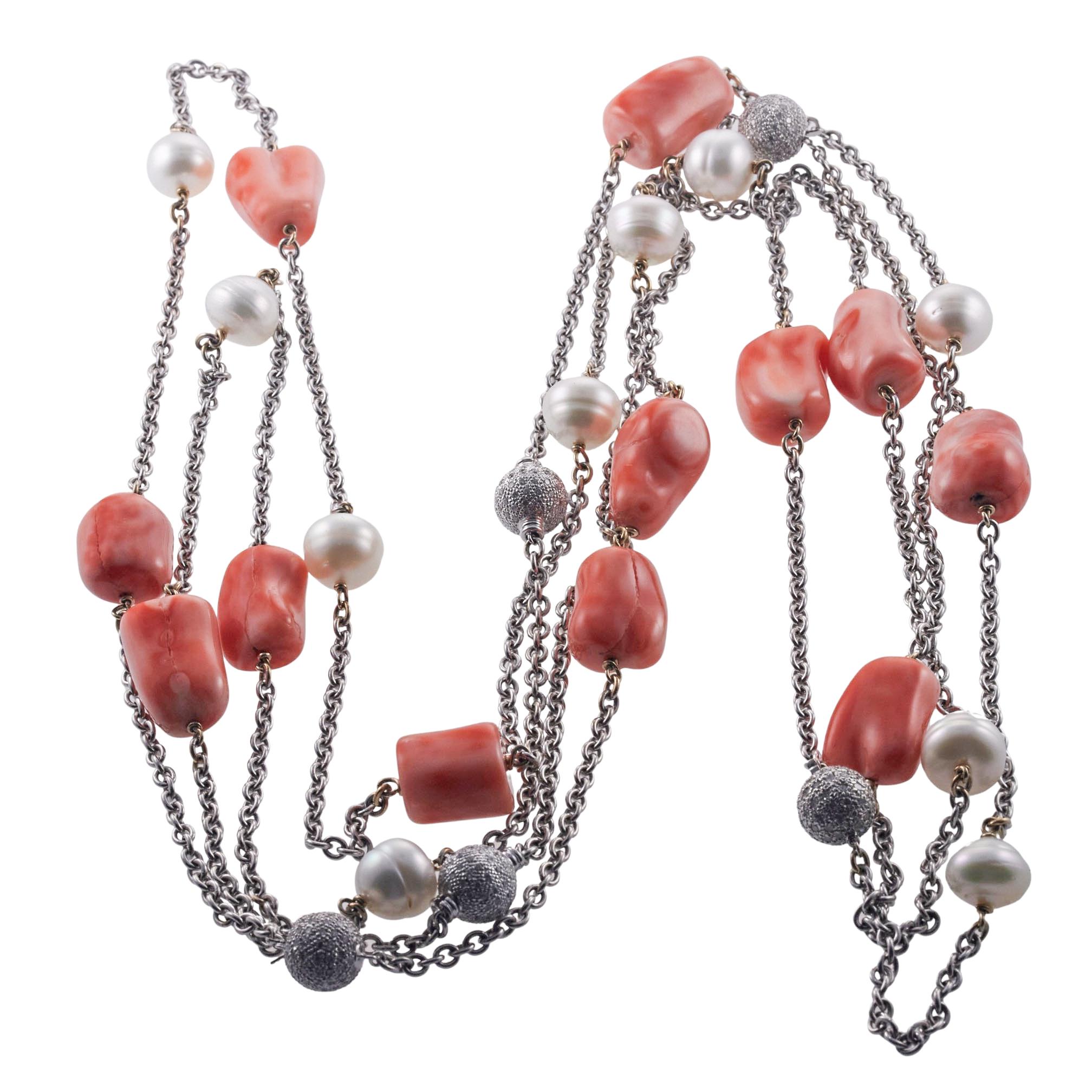 Round Cut Coral Diamond Pearl Gold Long Station Necklace Set For Sale