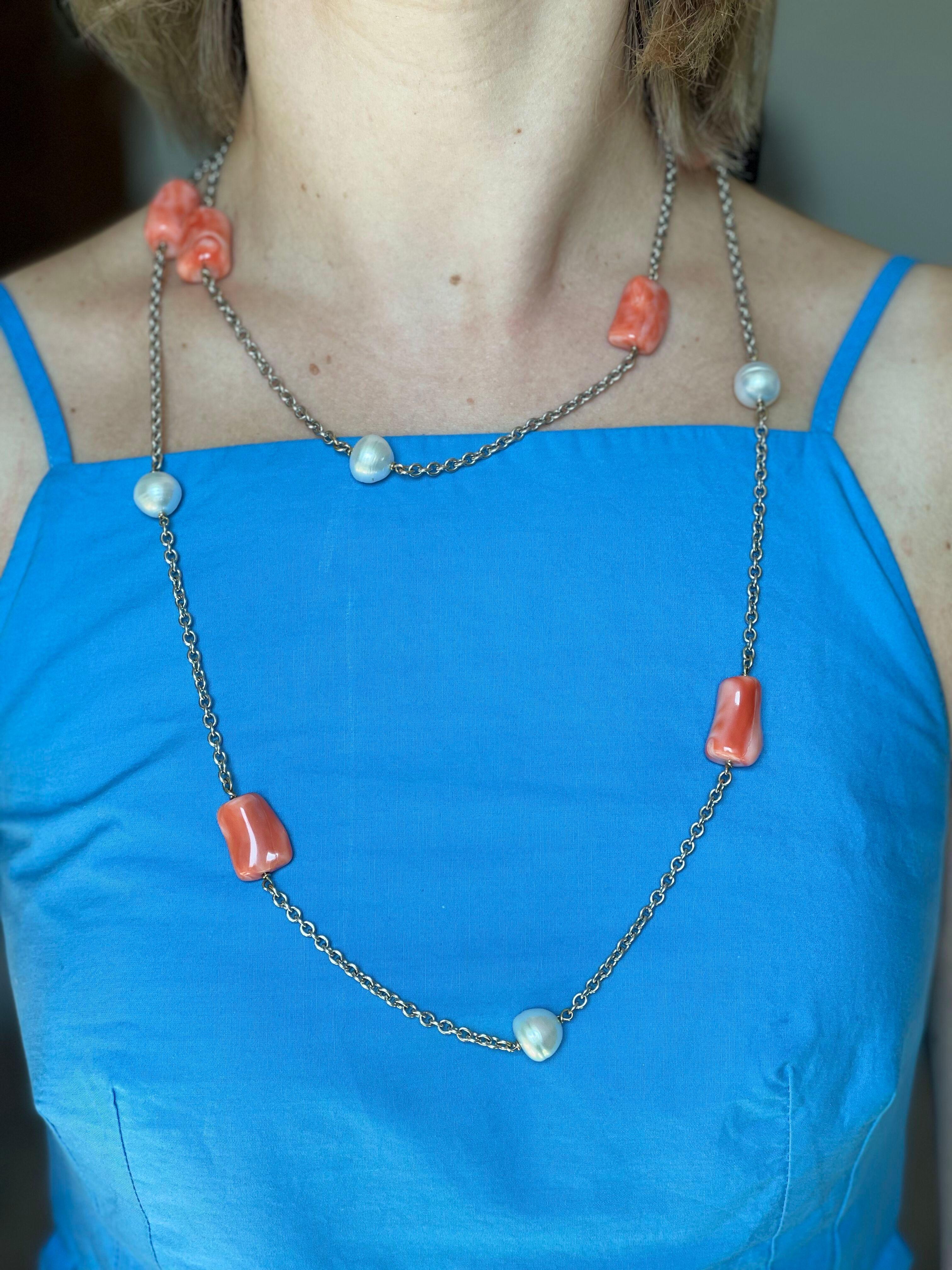 Coral Diamond Pearl Gold Long Station Necklace Set For Sale 4