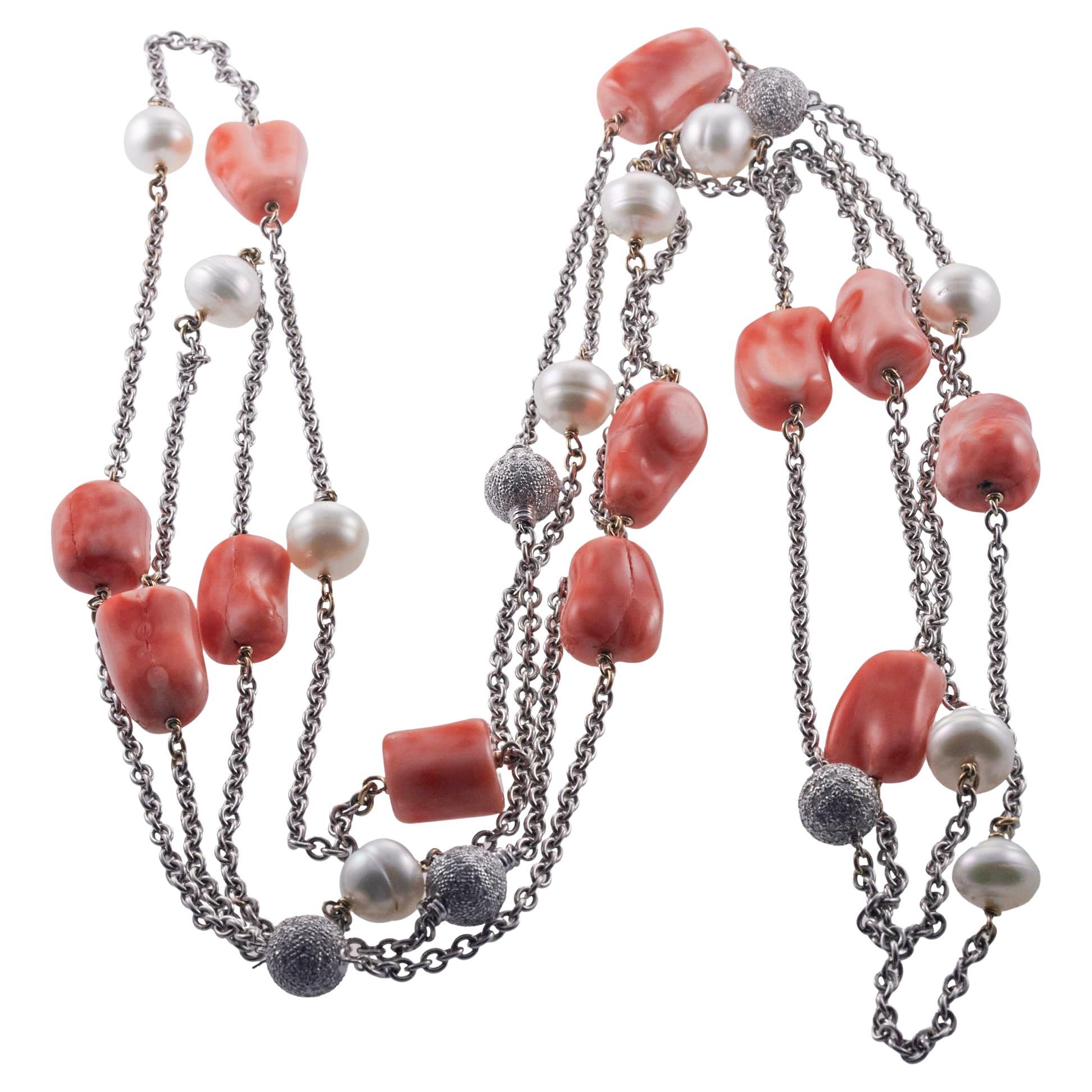 Coral Diamond Pearl Gold Long Station Necklace Set For Sale