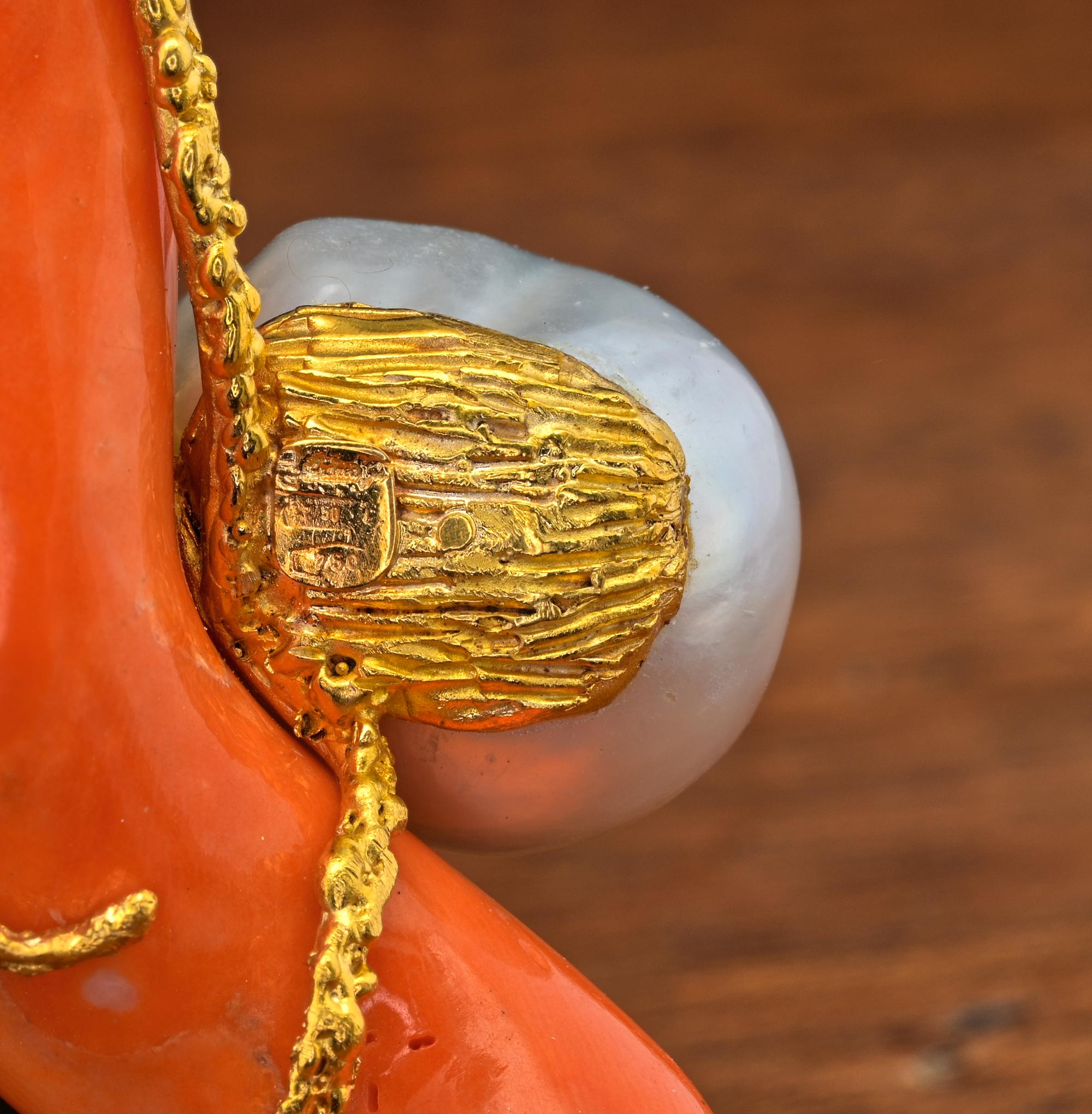 Brilliant Cut Coral Diamond Pearl Signed Ghelli Cornetto Pendant For Sale