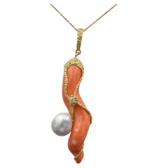 Used Coral Diamond Pearl Signed Ghelli Cornetto Pendant