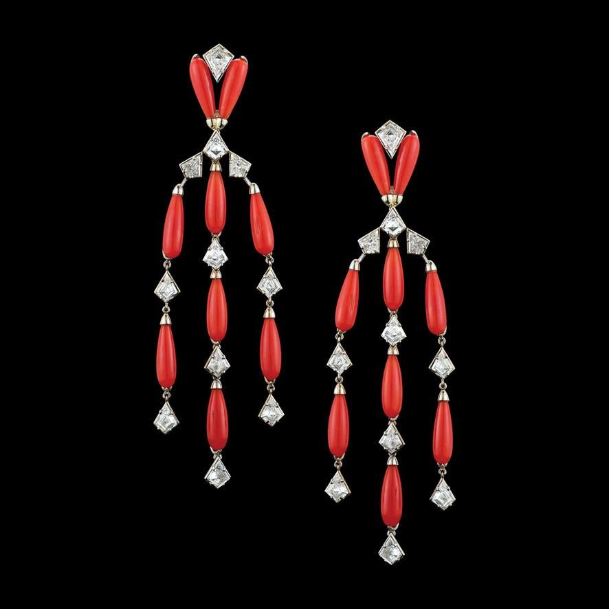Dramatic coral and diamond chandelier earrings featuring fancy shape 