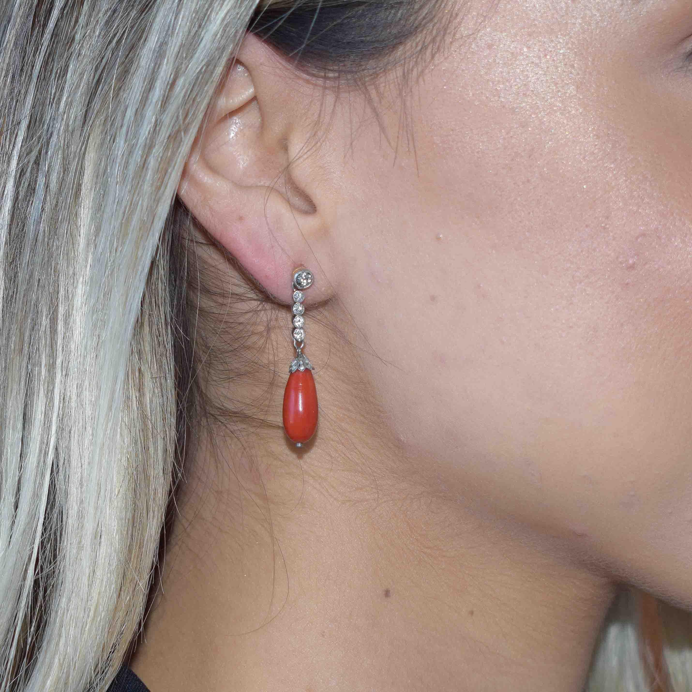 Round Cut Coral Diamond Platinum Drop Earrings