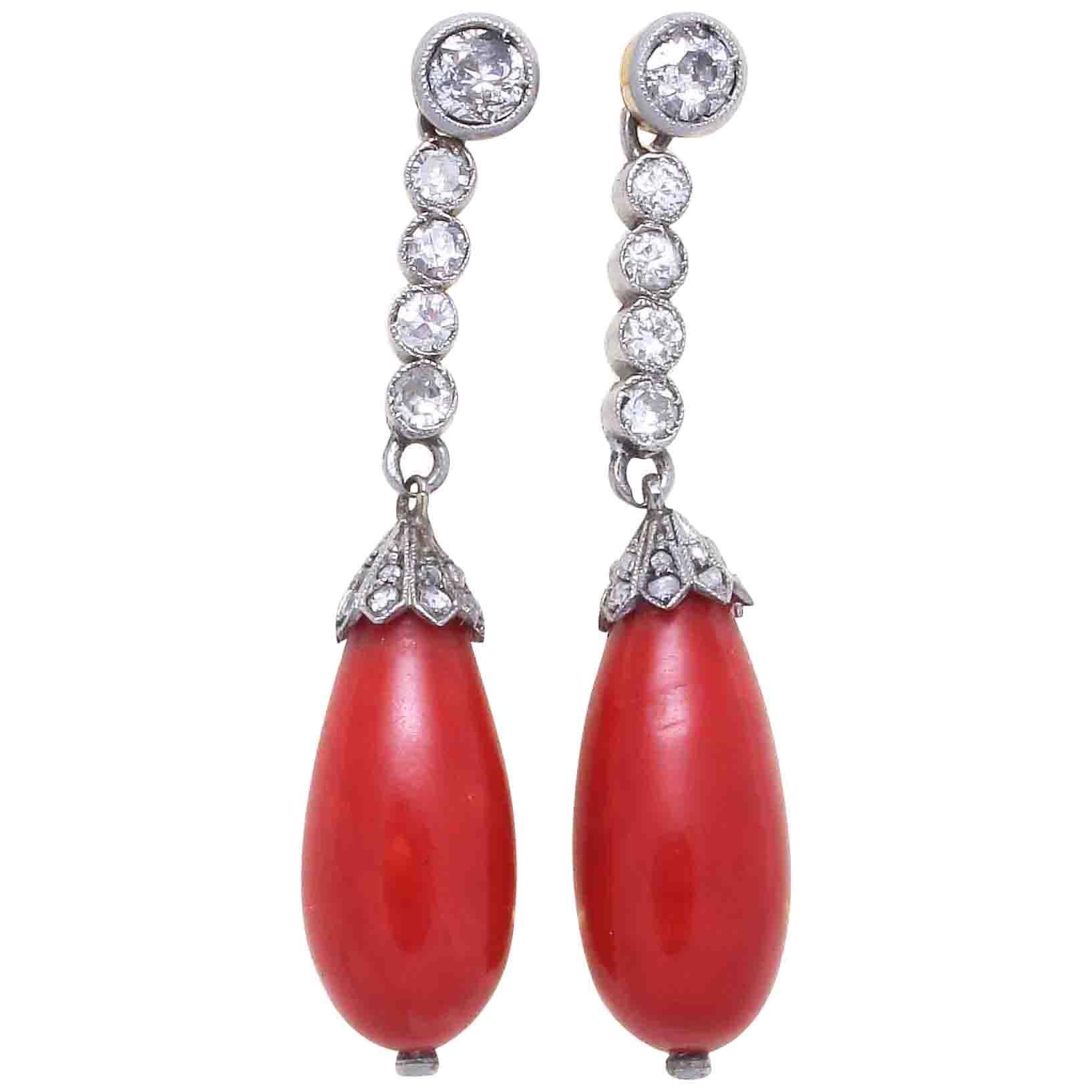 Coral Diamond Platinum Drop Earrings