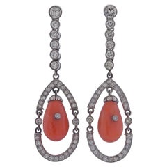 Coral Diamond Platinum Drop Earrings