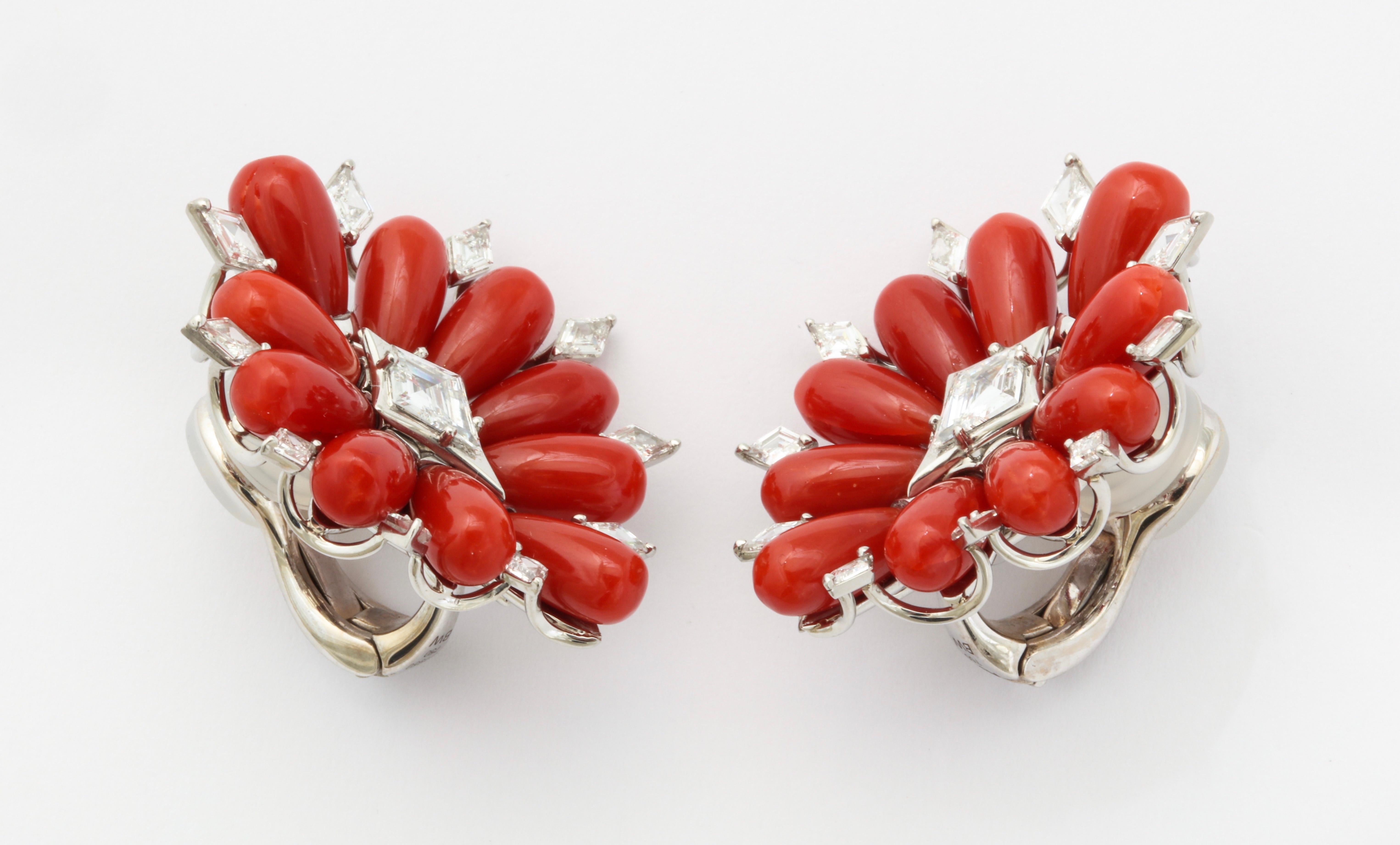 Contemporary Coral Diamond Platinum Earrings For Sale